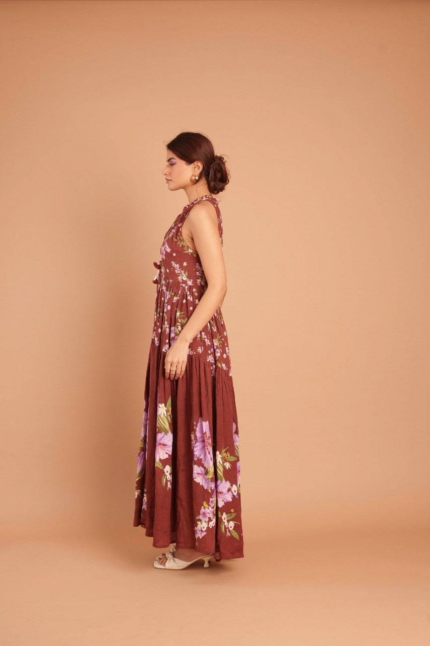 Deep Mohagany Tiered Long Dress