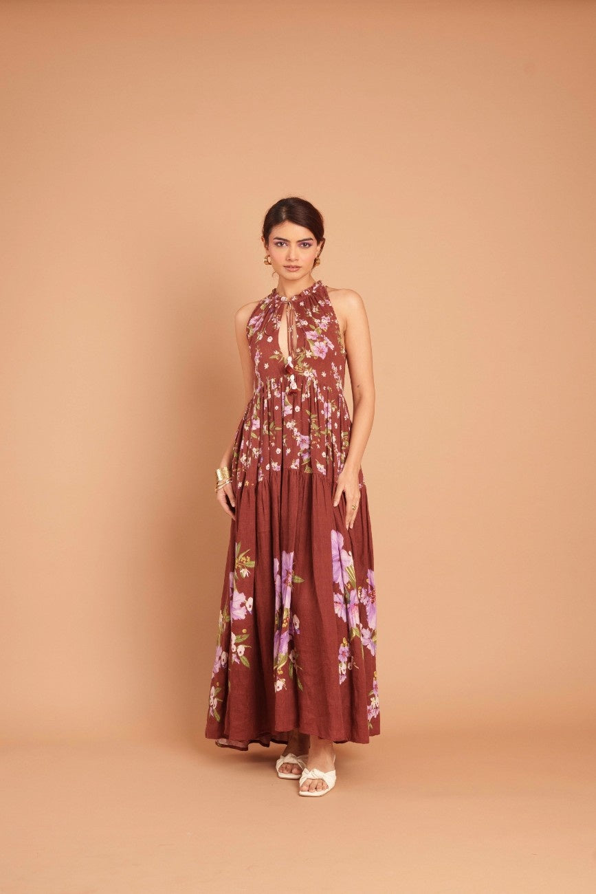 Deep Mohagany Tiered Long Dress