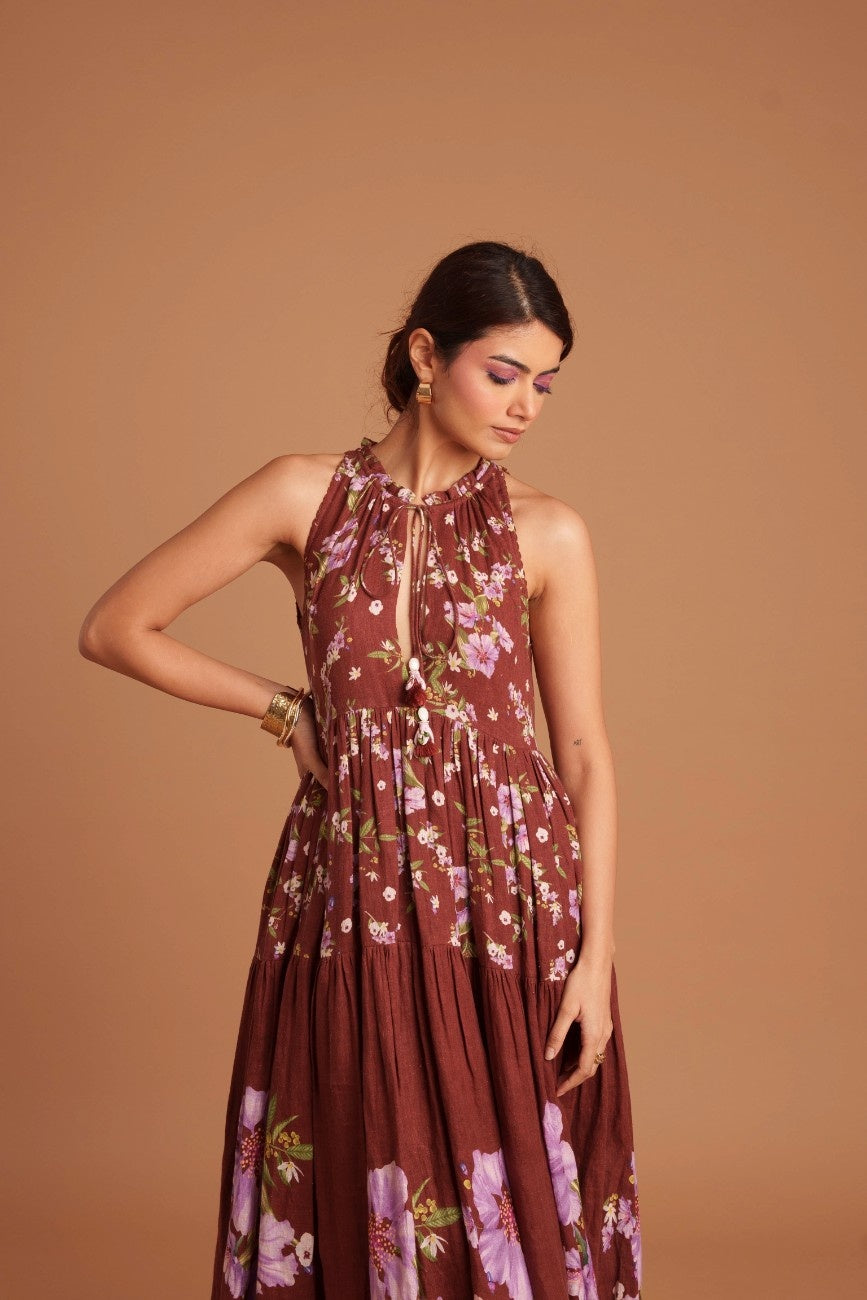 Deep Mohagany Tiered Long Dress