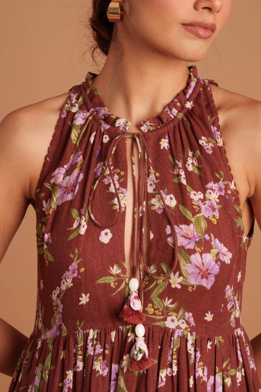 Deep Mohagany Tiered Long Dress