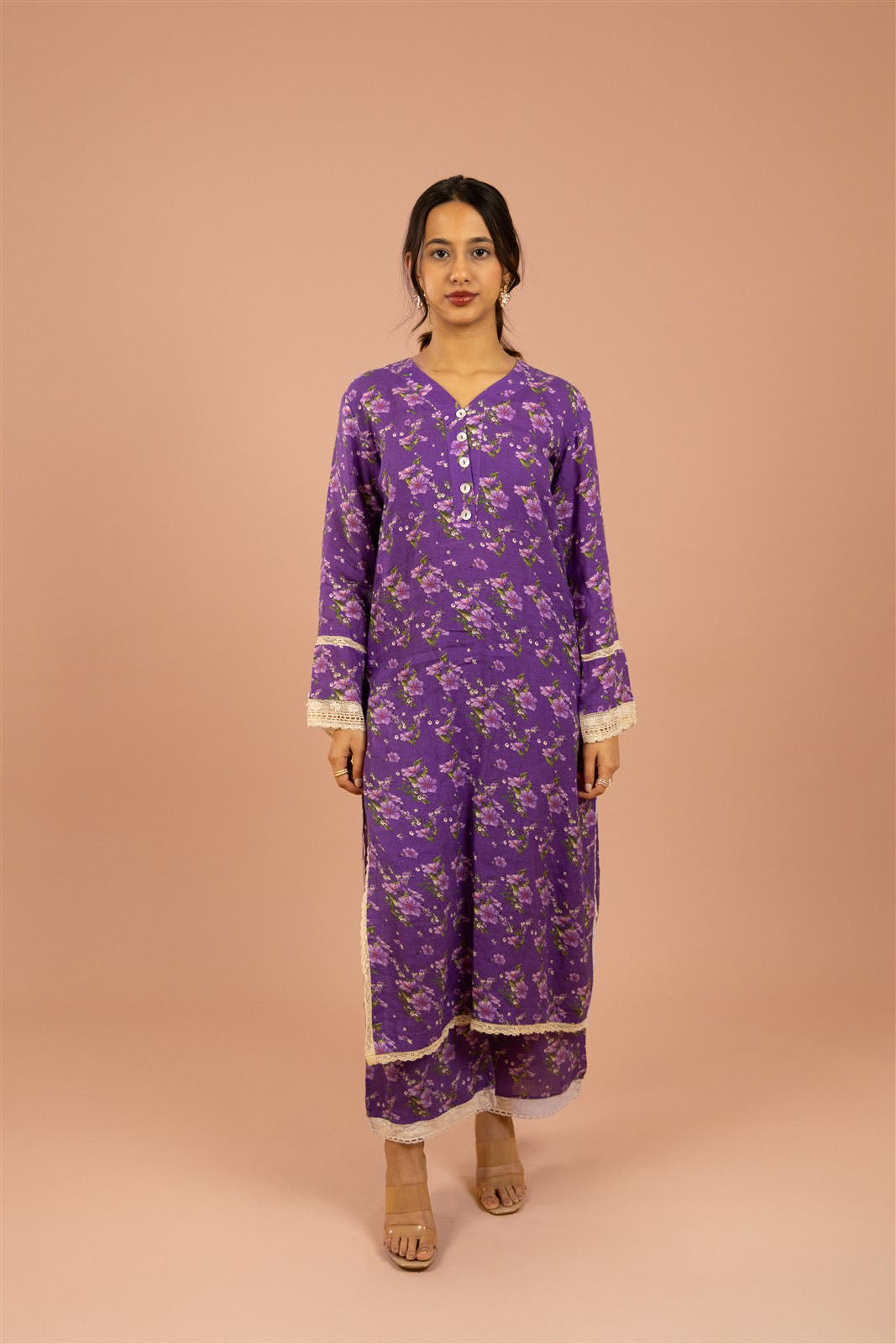 Violet Floral Straight Kurta Set