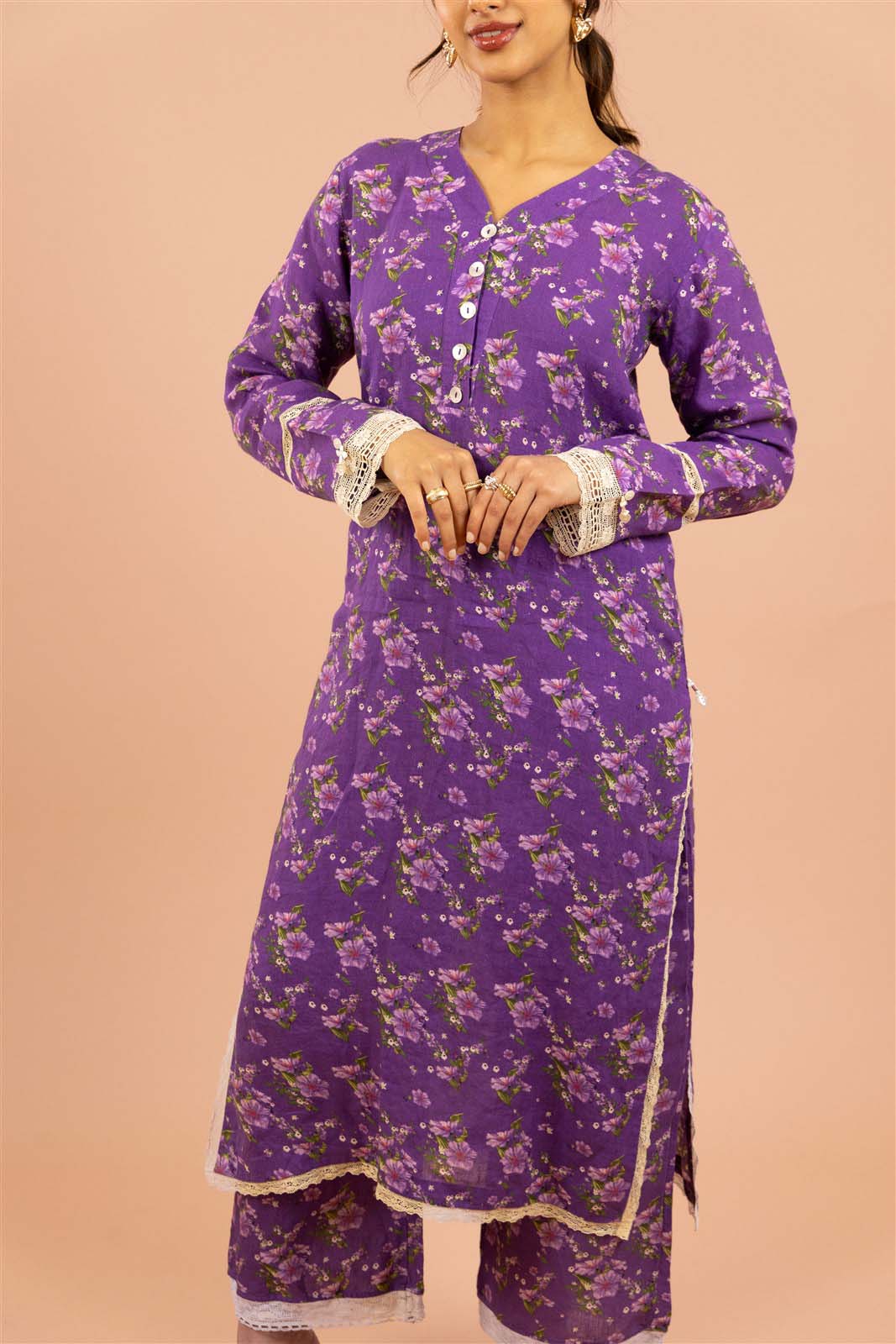 Violet Floral Straight Kurta Set