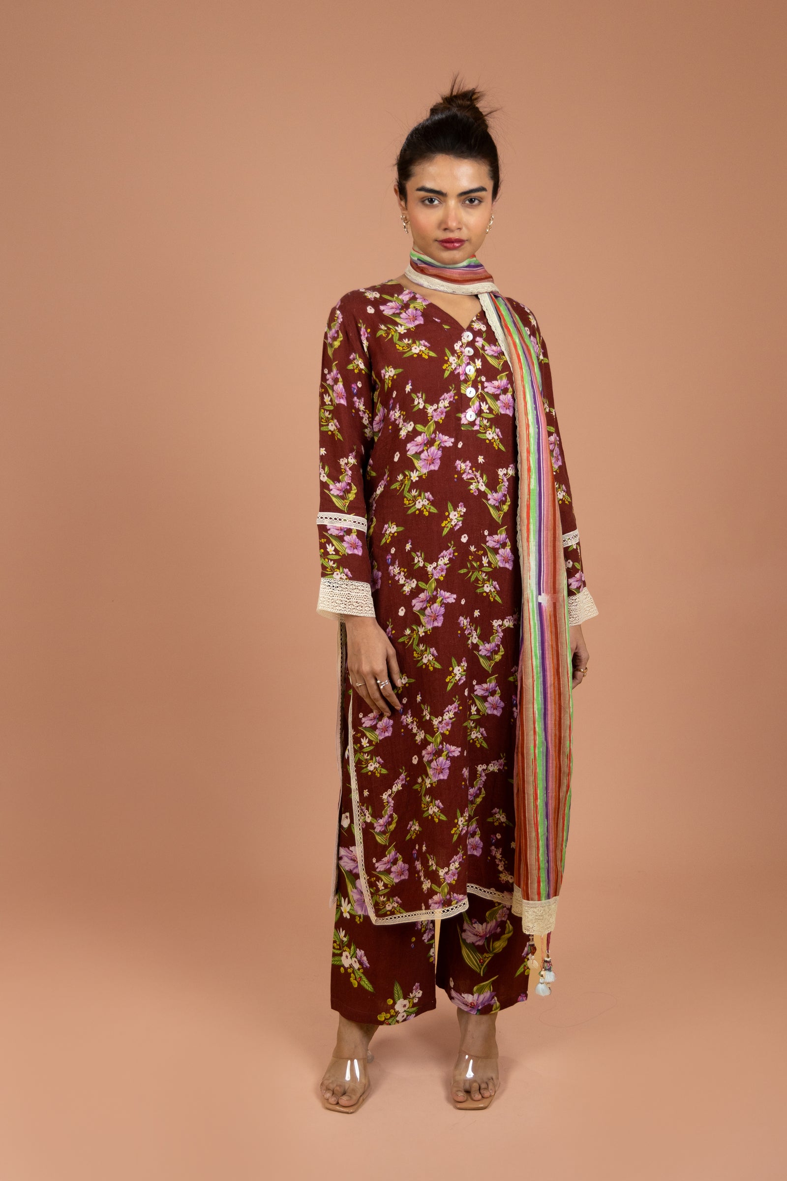 Maroon Floral Kurta Set with Dupatta