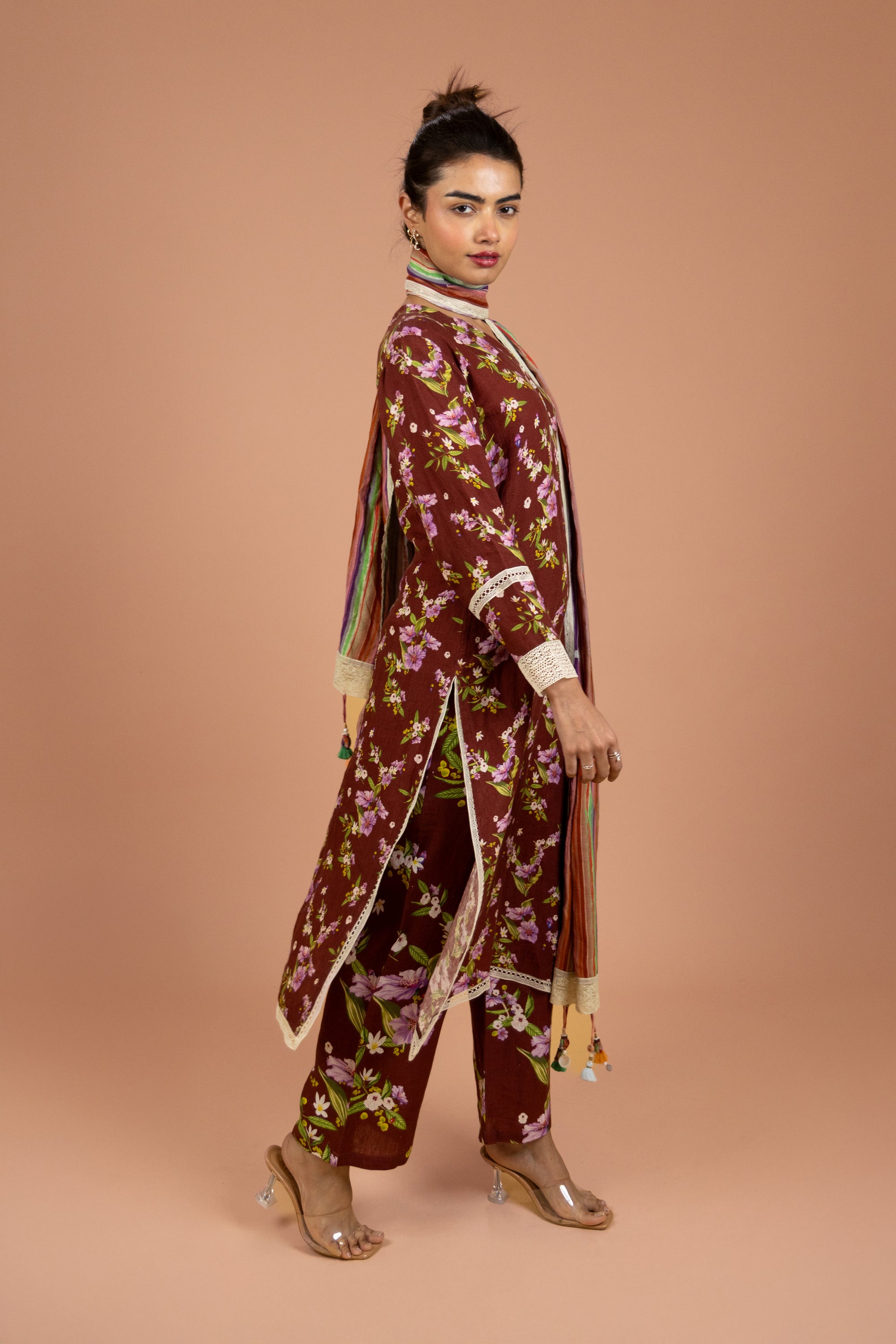 Maroon Floral Kurta Set with Dupatta