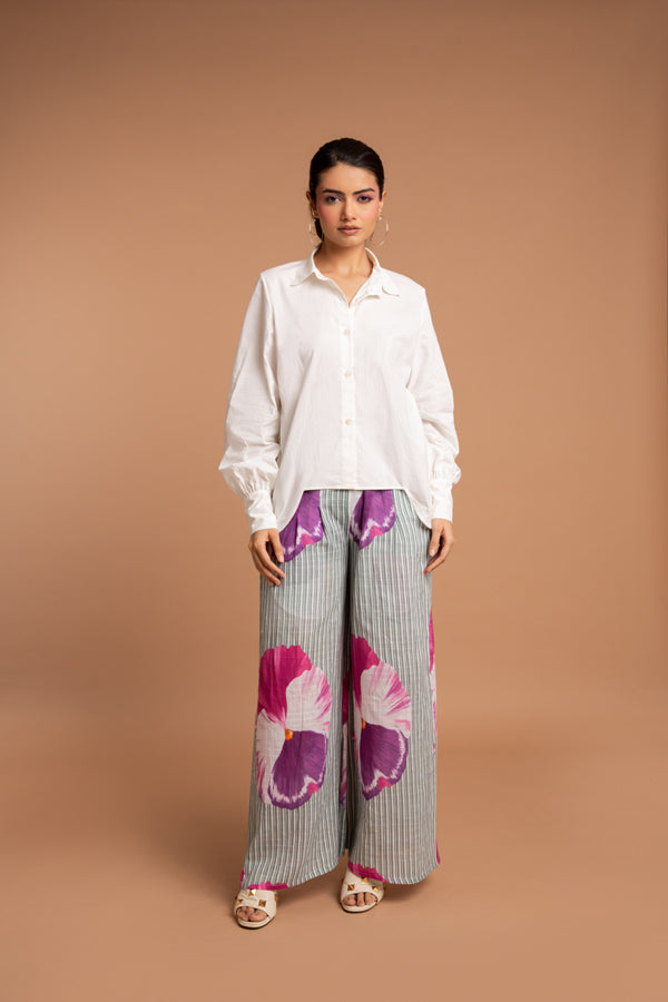 Pancy Smocked Elastic Pant & Scalloped White Shirt