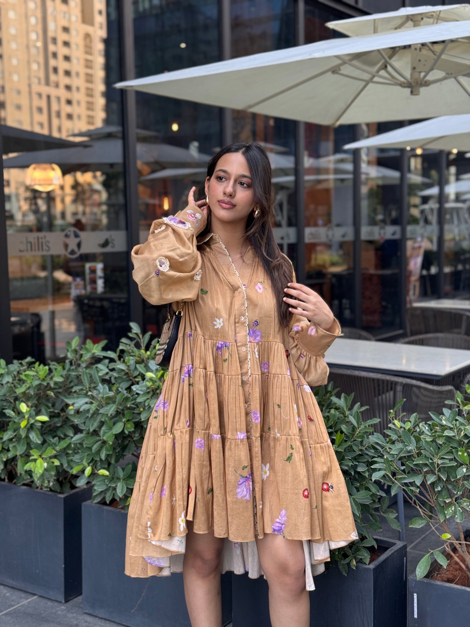 Deep Beige Pleated Mini Dress