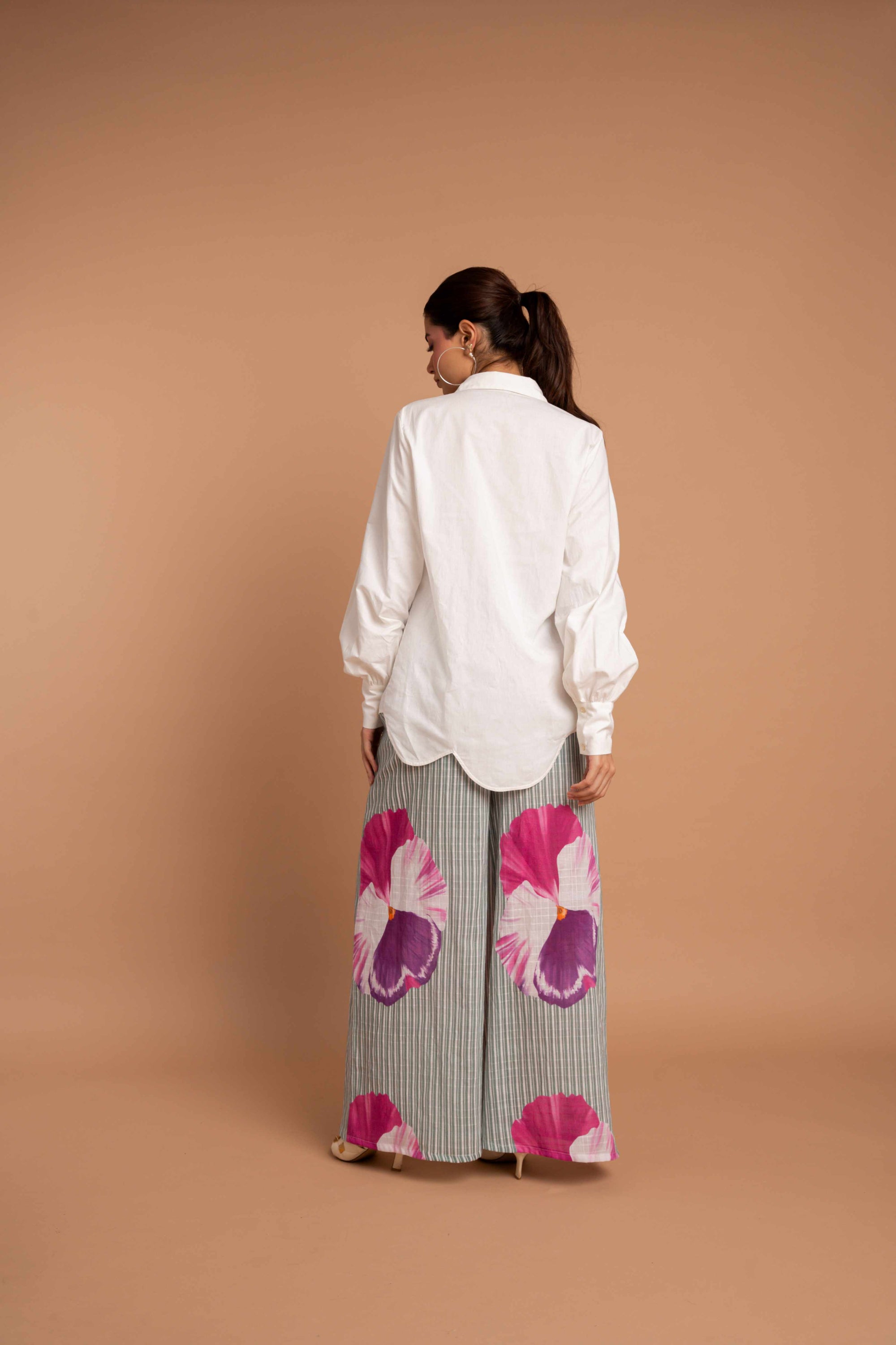 Pancy Smocked Elastic Pant & Scalloped White Shirt