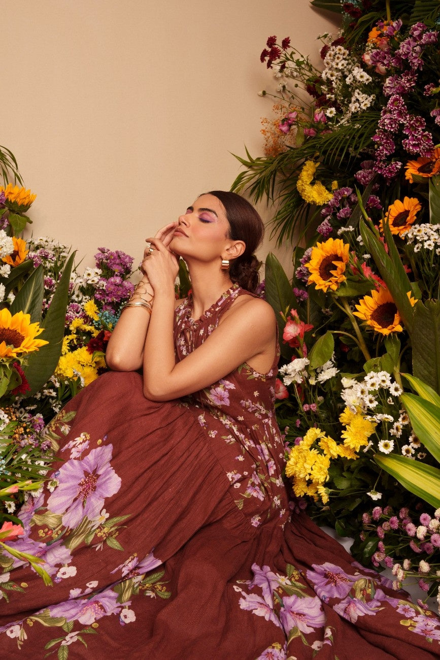 Deep Mohagany Tiered Long Dress