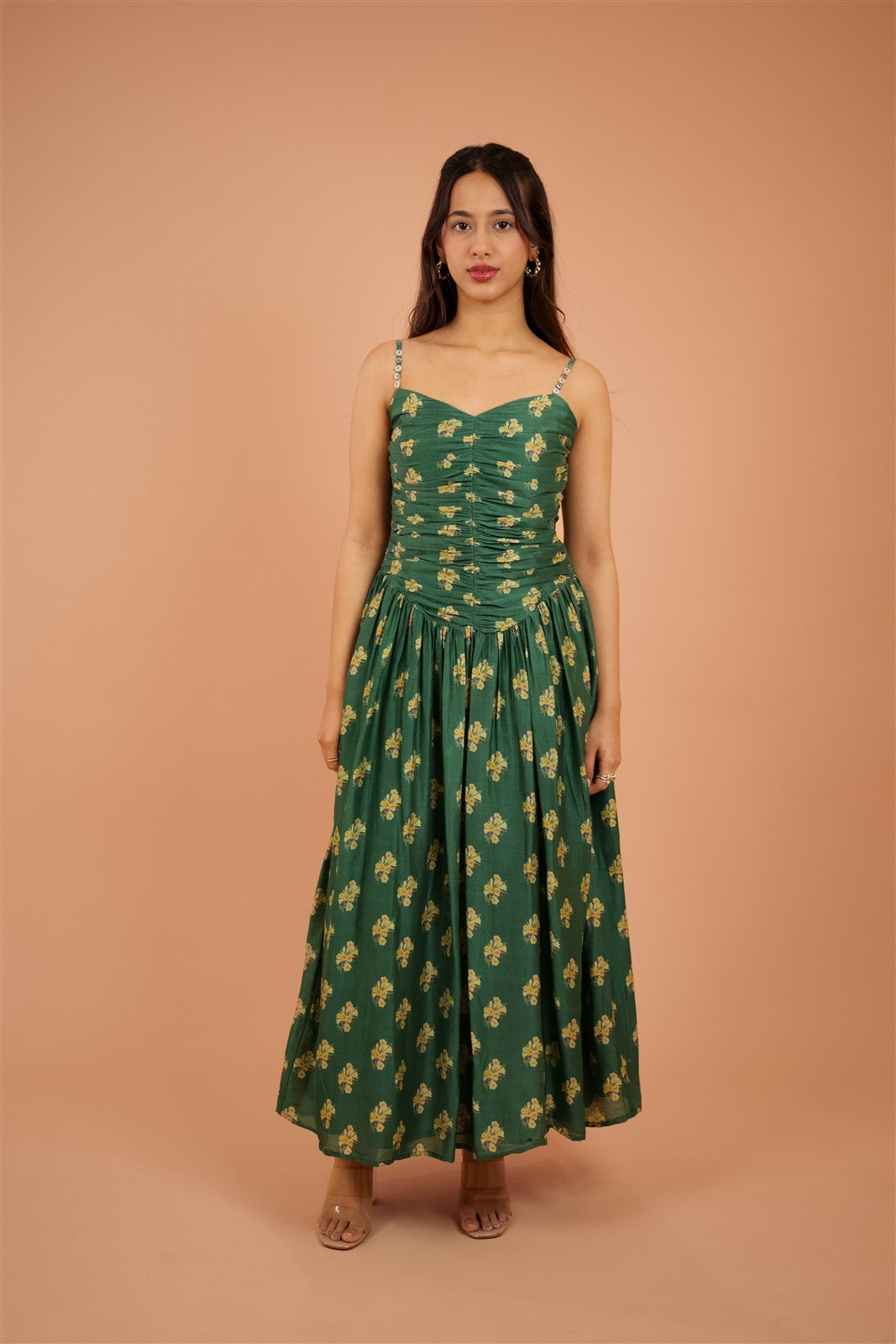 Emerald Gathered Bodice Midi Dress