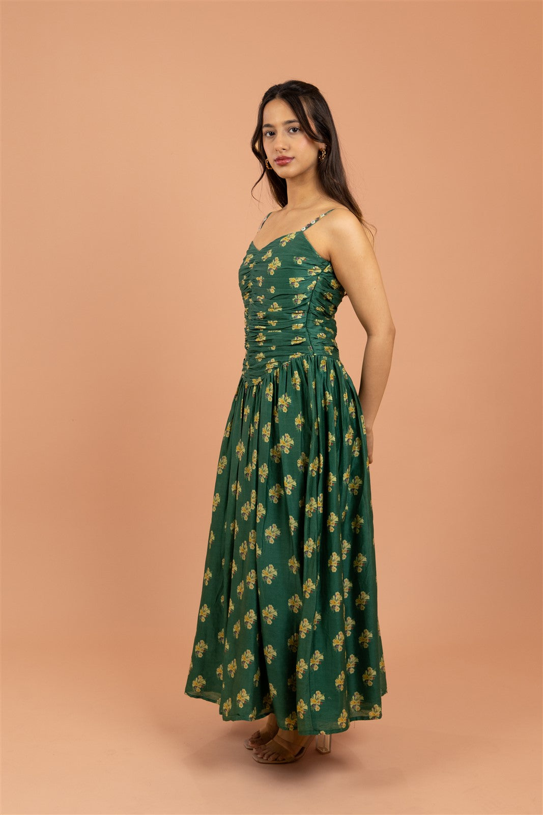 Emerald Gathered Bodice Midi Dress
