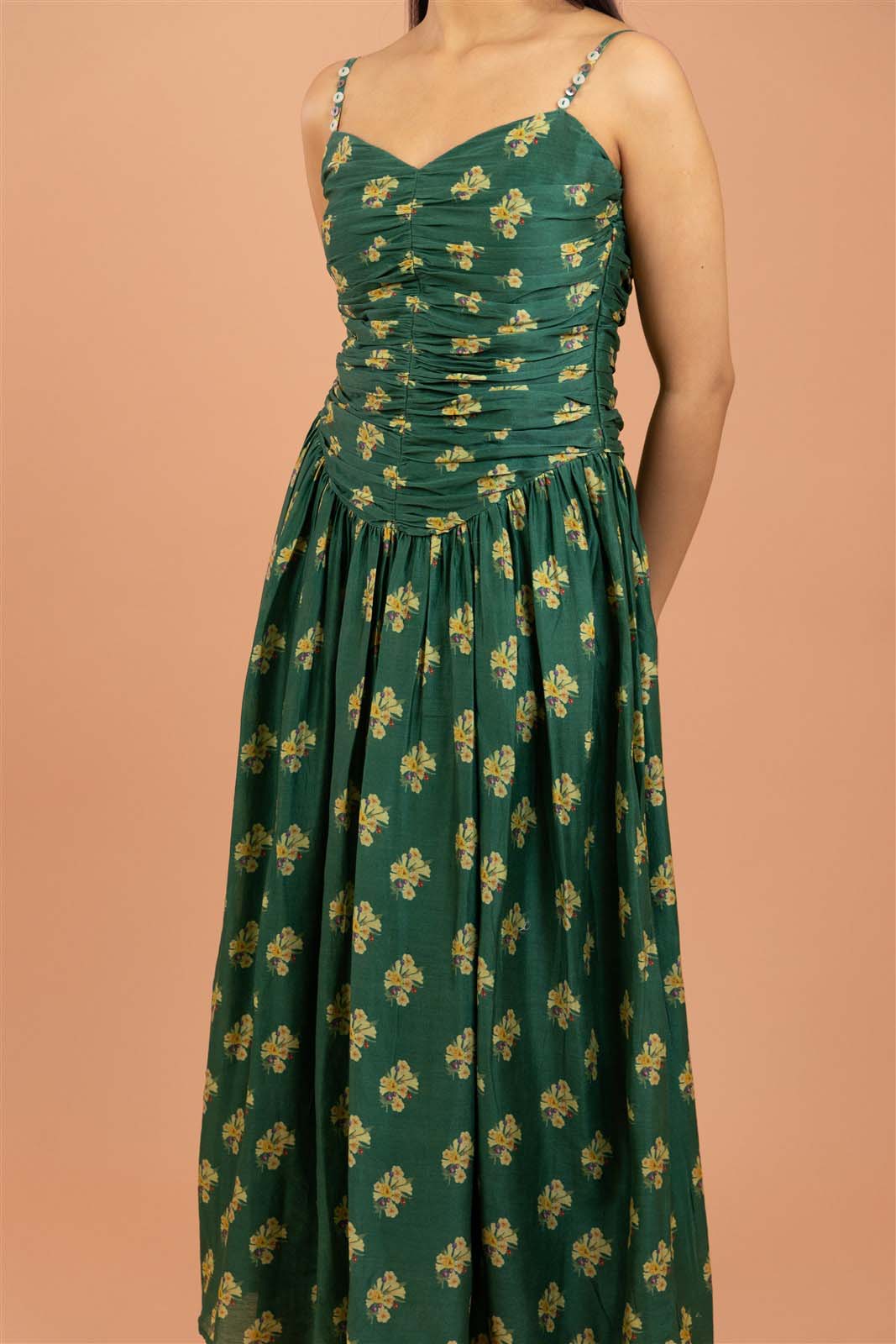 Emerald Gathered Bodice Midi Dress