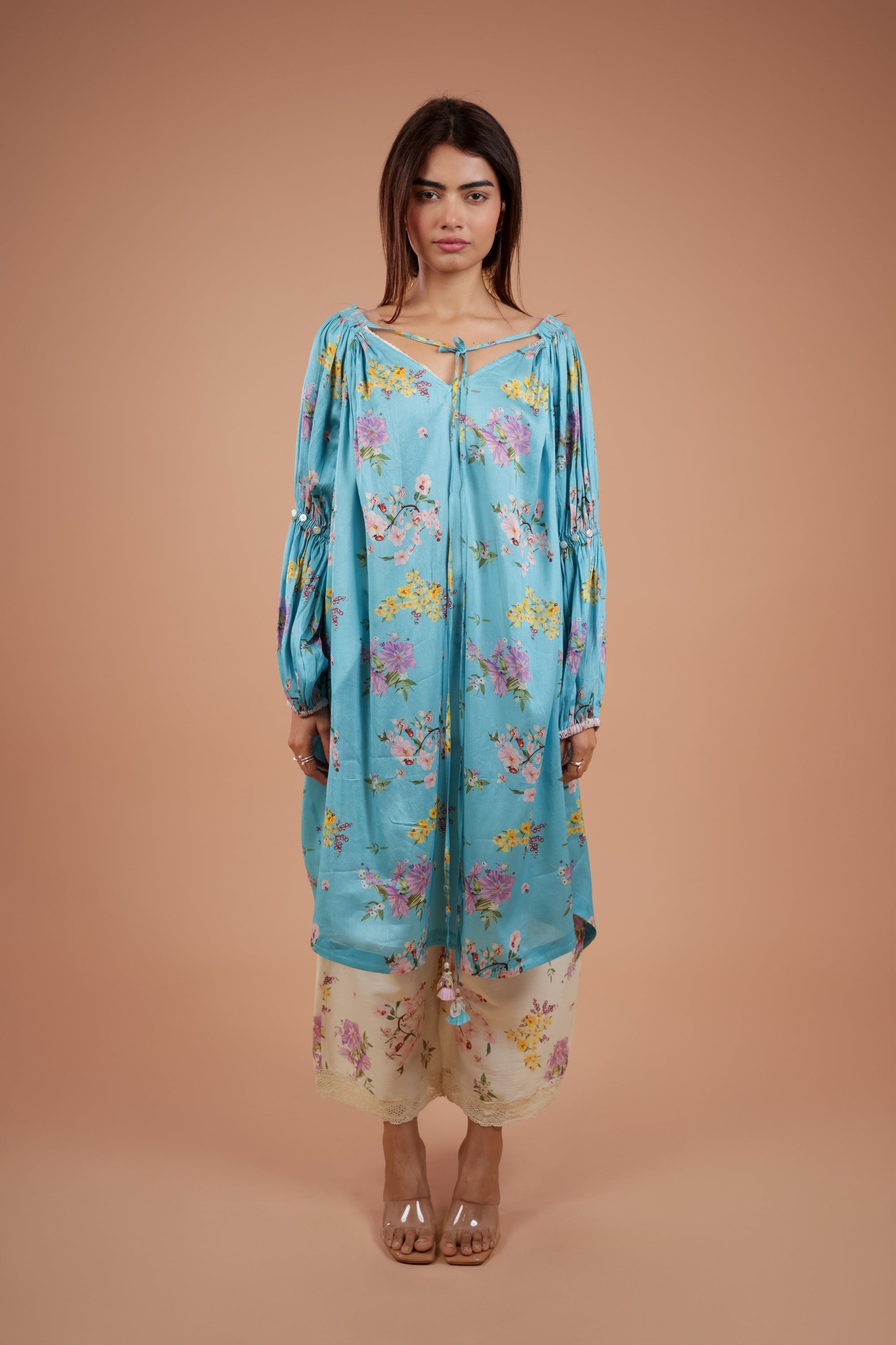 Aqua Floral Gathered Kurta Set