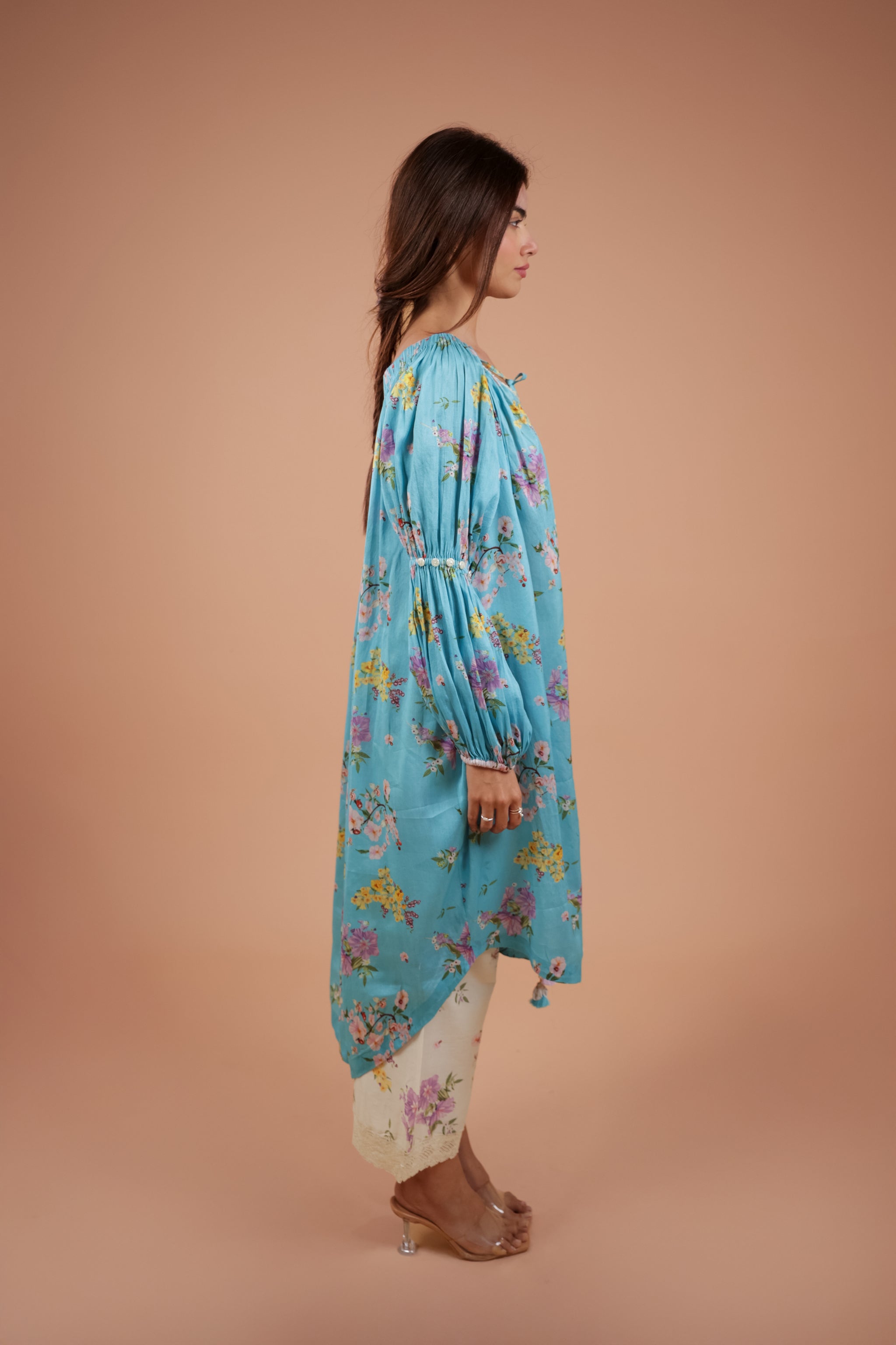 Aqua Floral Gathered Kurta Set