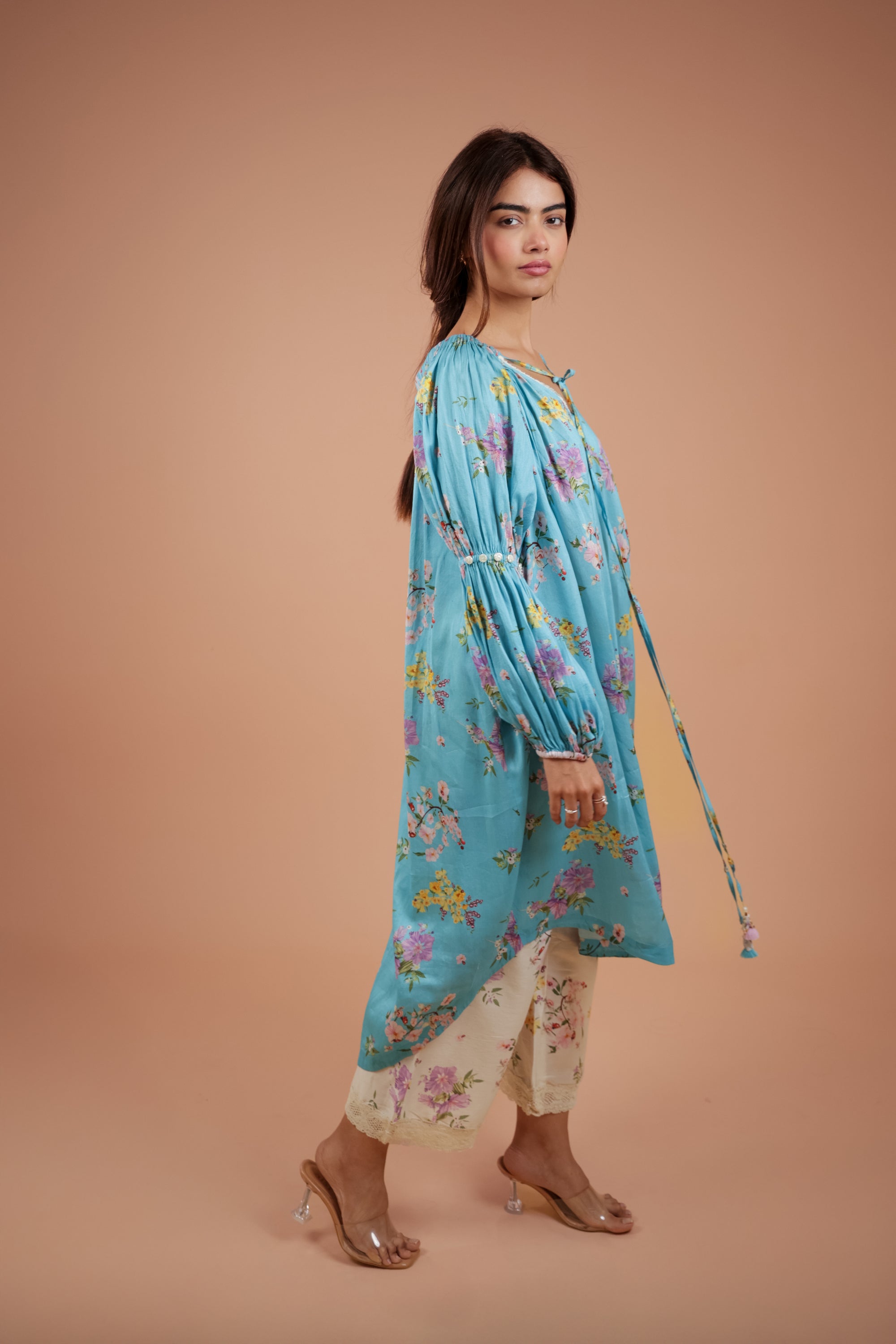 Aqua Floral Gathered Kurta Set