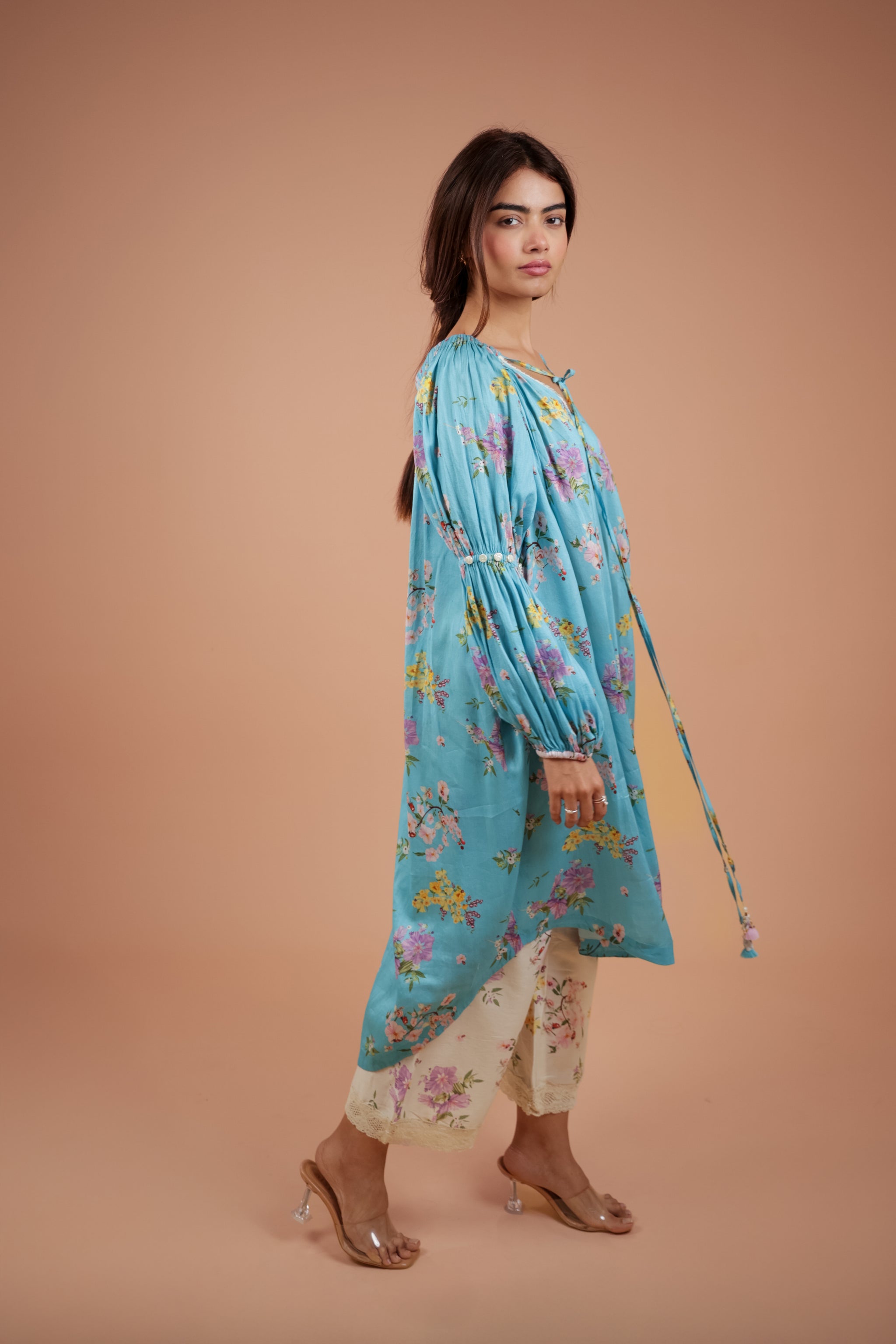 Aqua Floral Gathered Kurta Set