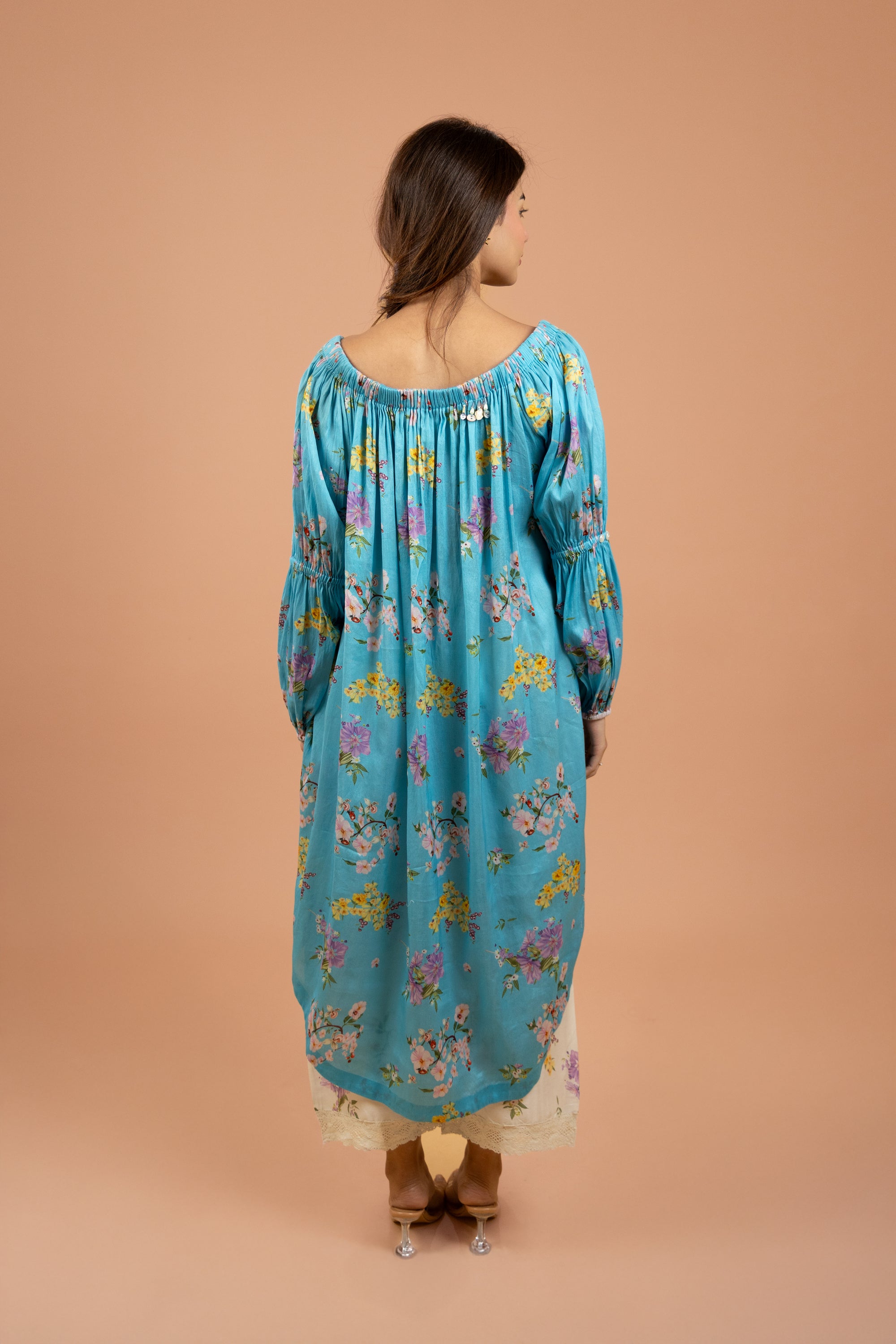 Aqua Floral Gathered Kurta Set