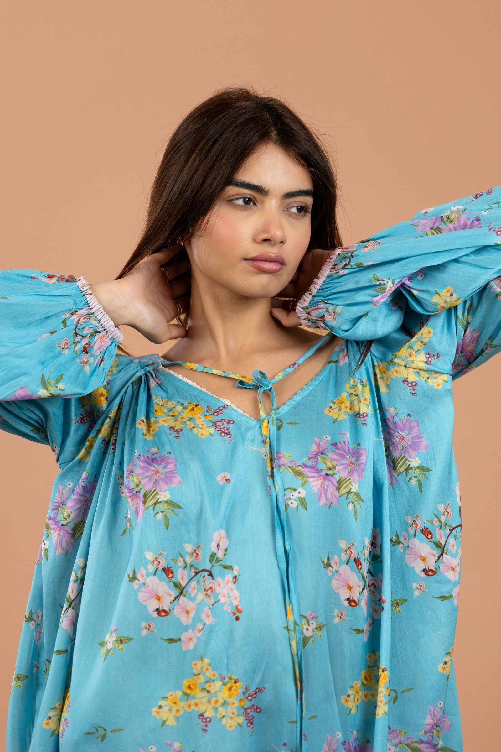 Aqua Floral Gathered Kurta Set