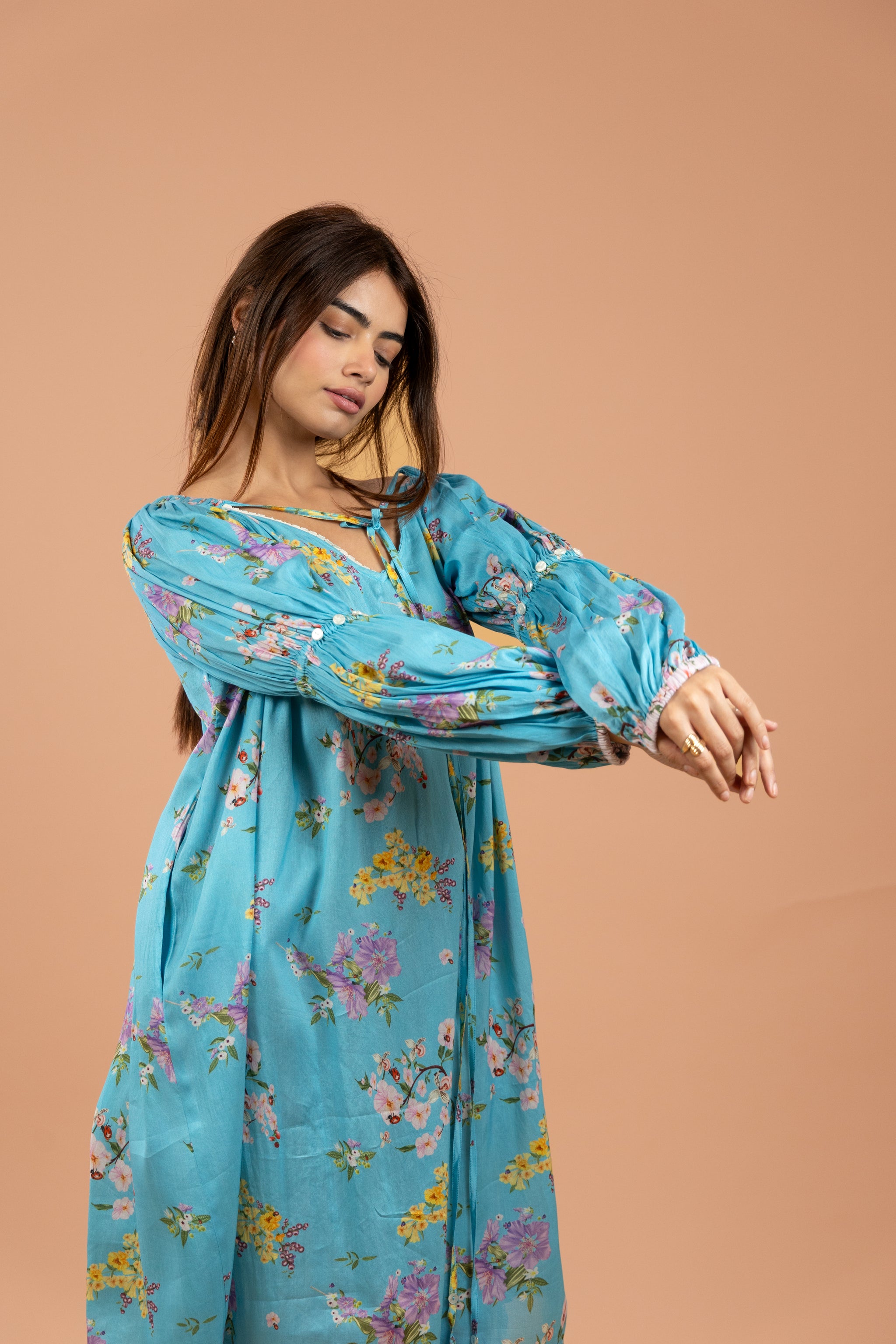 Aqua Floral Gathered Kurta Set