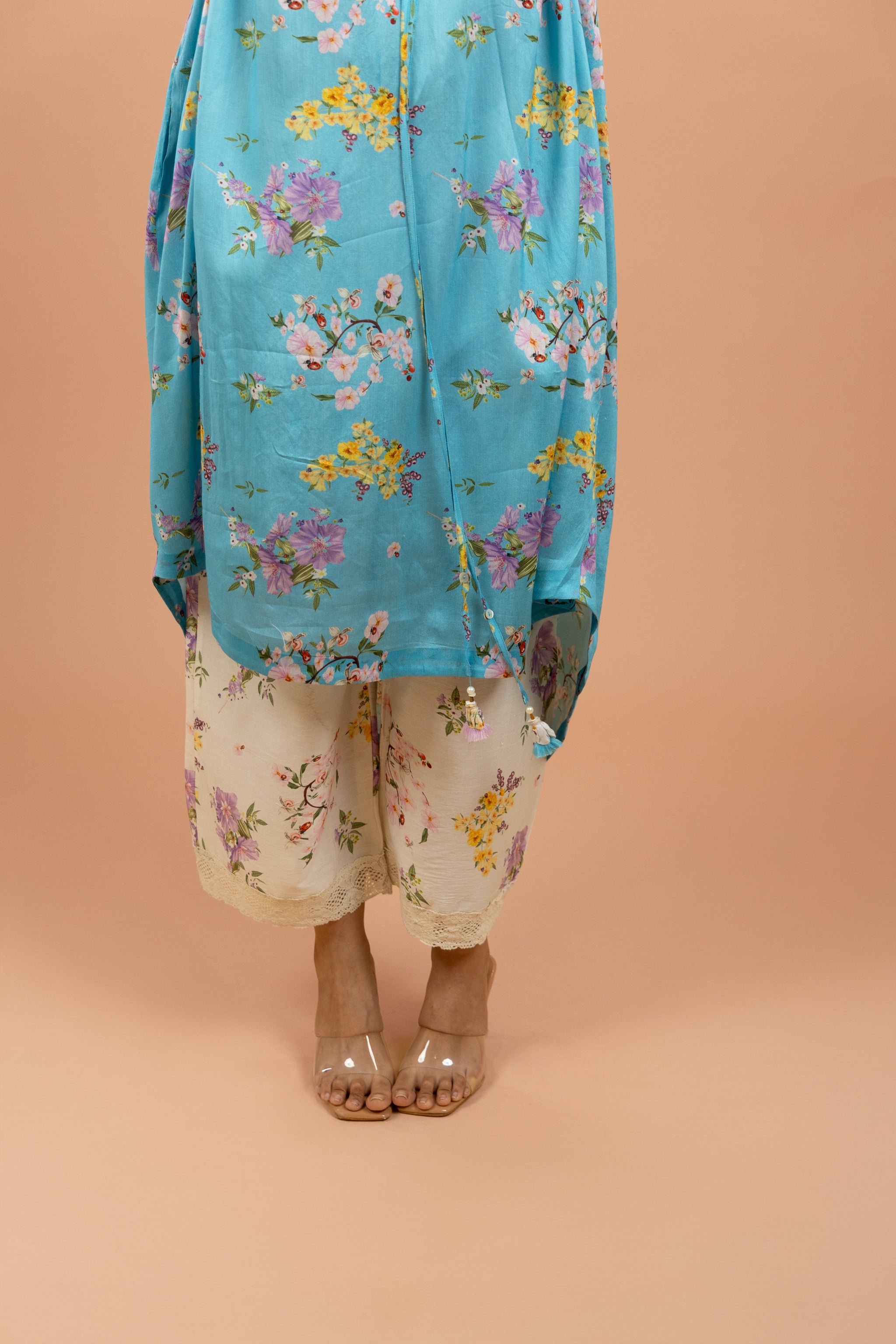 Aqua Floral Gathered Kurta Set