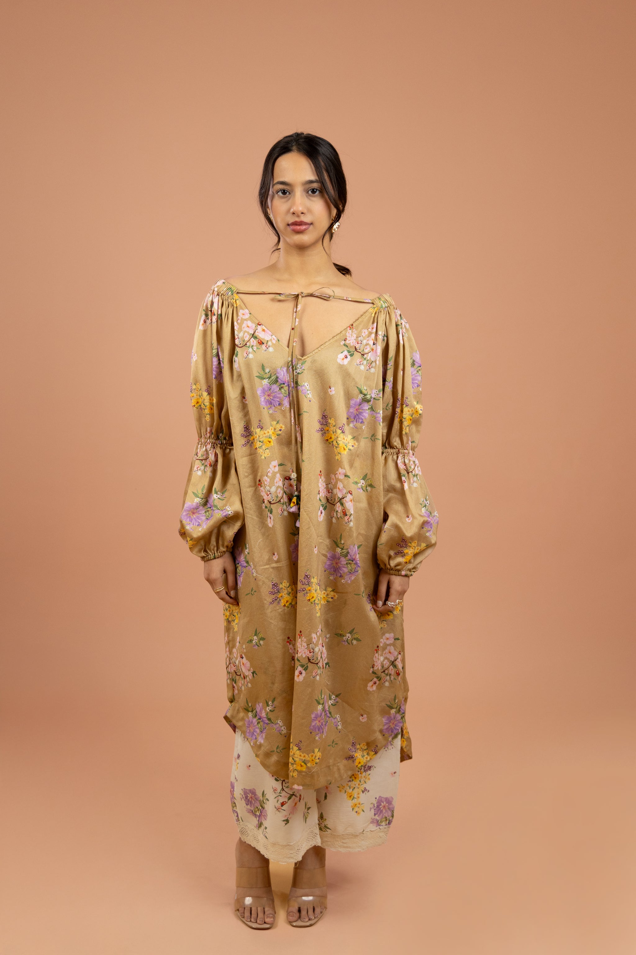 Ochre Floral Tie-Up Kurta Set
