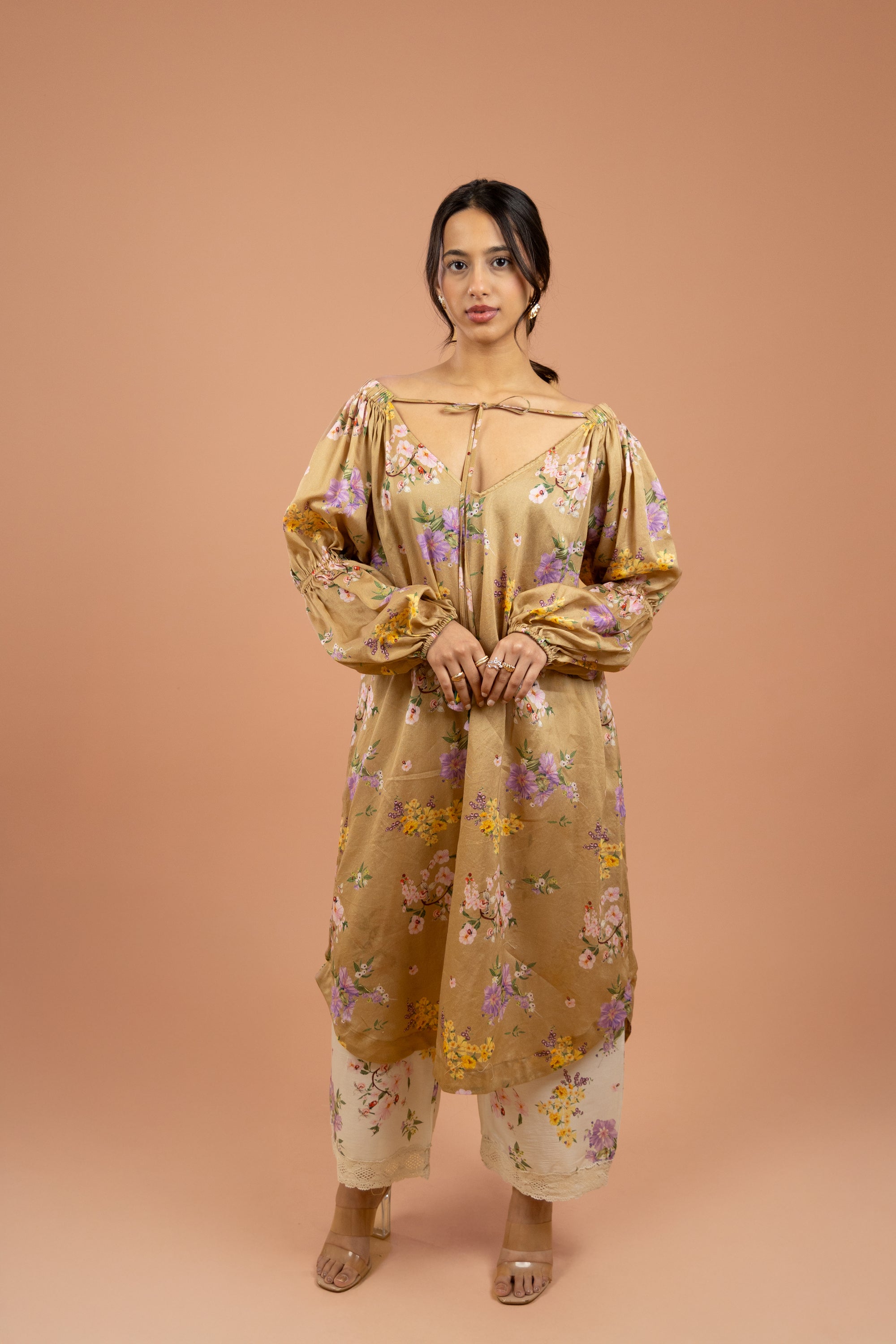 Ochre Floral Tie-Up Kurta Set