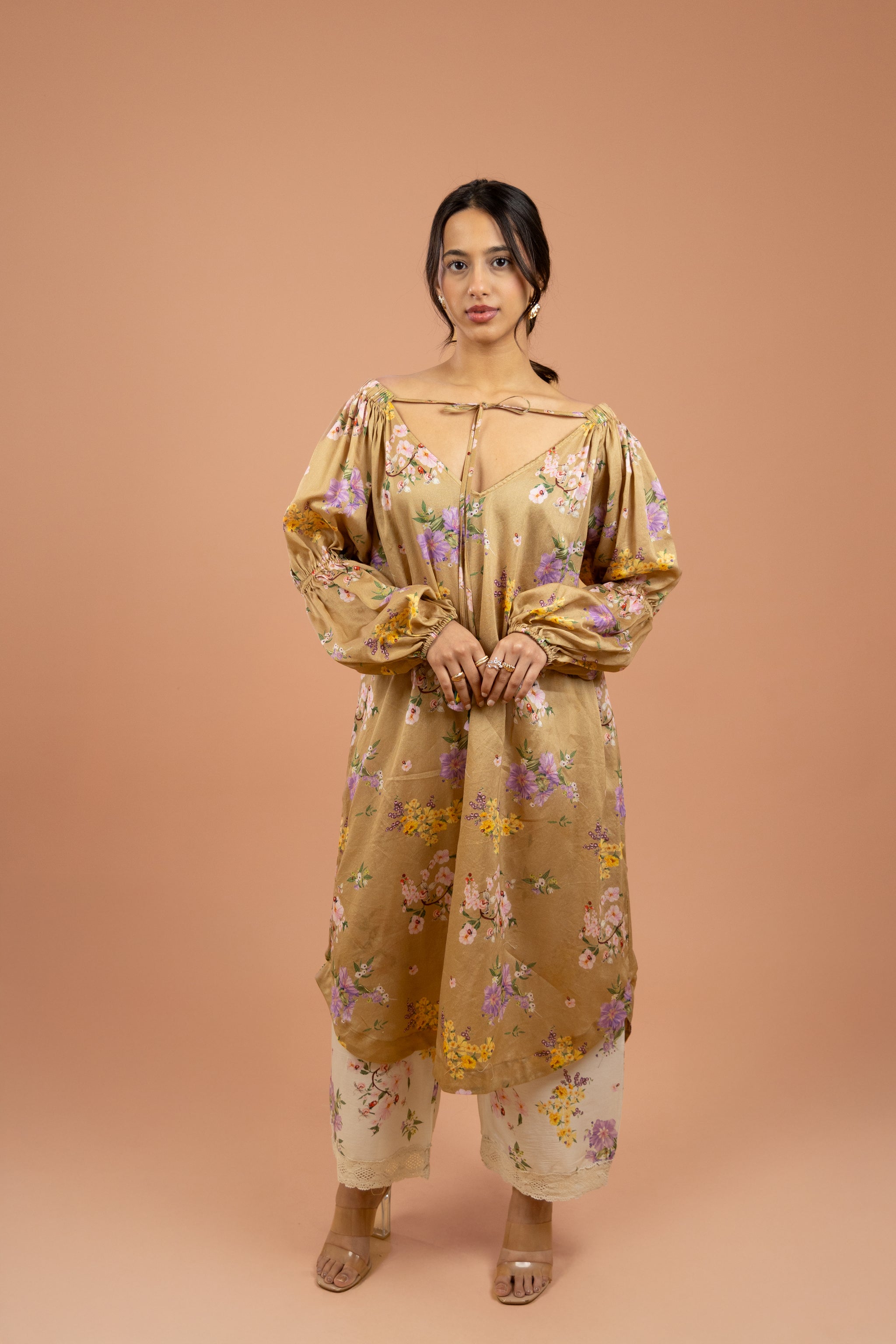 Ochre Floral Tie-Up Kurta Set
