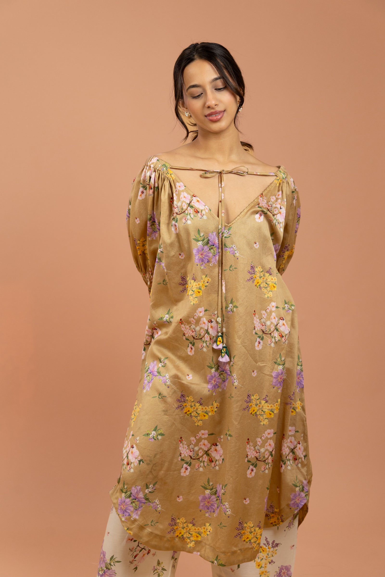 Ochre Floral Tie-Up Kurta Set