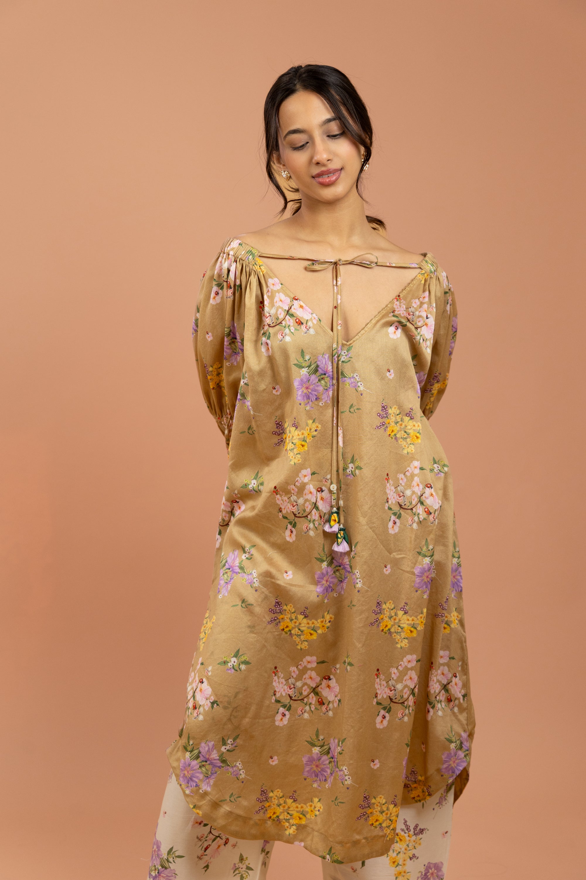 Ochre Floral Tie-Up Kurta Set
