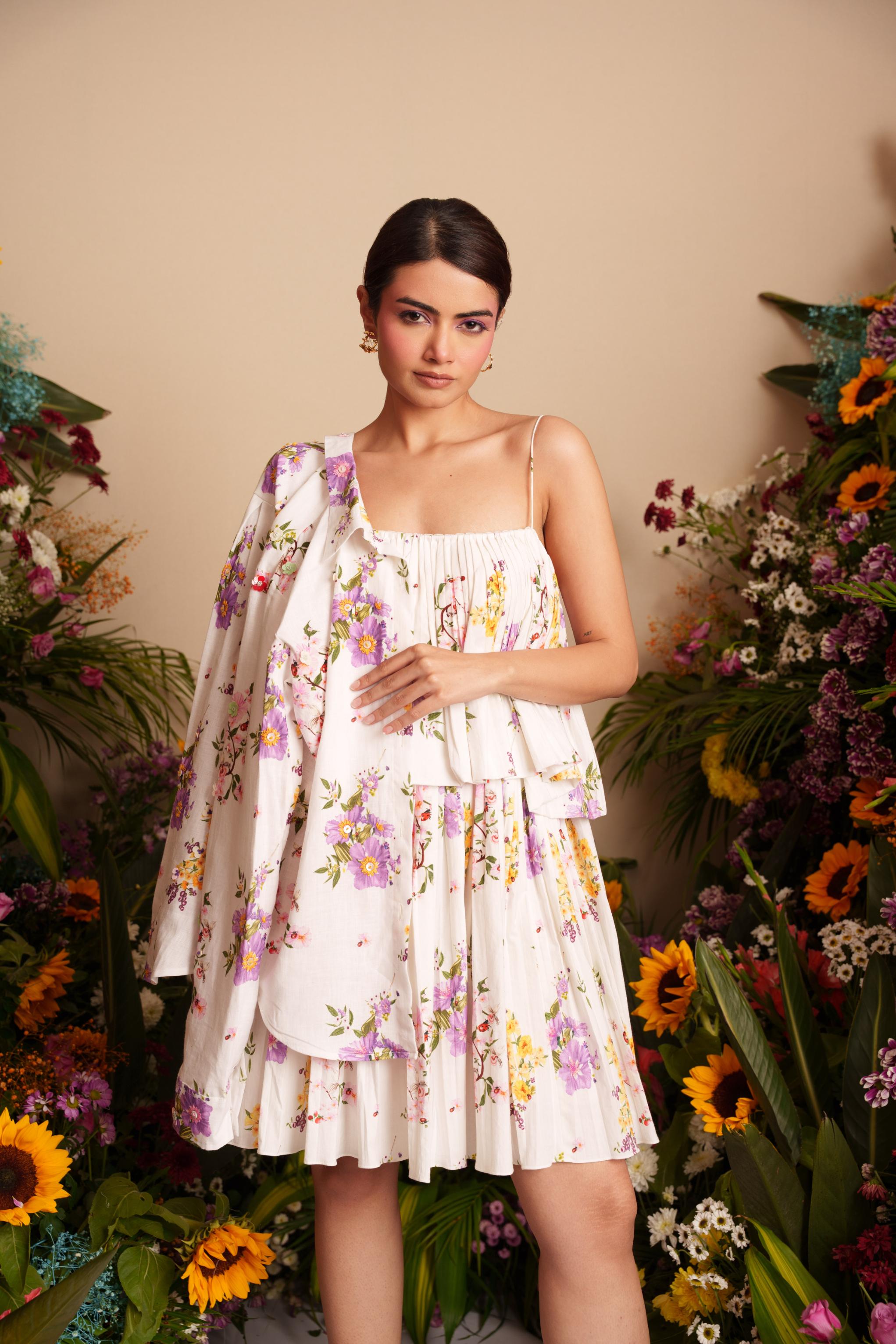 Multi Bloom Pleated Mini Dress