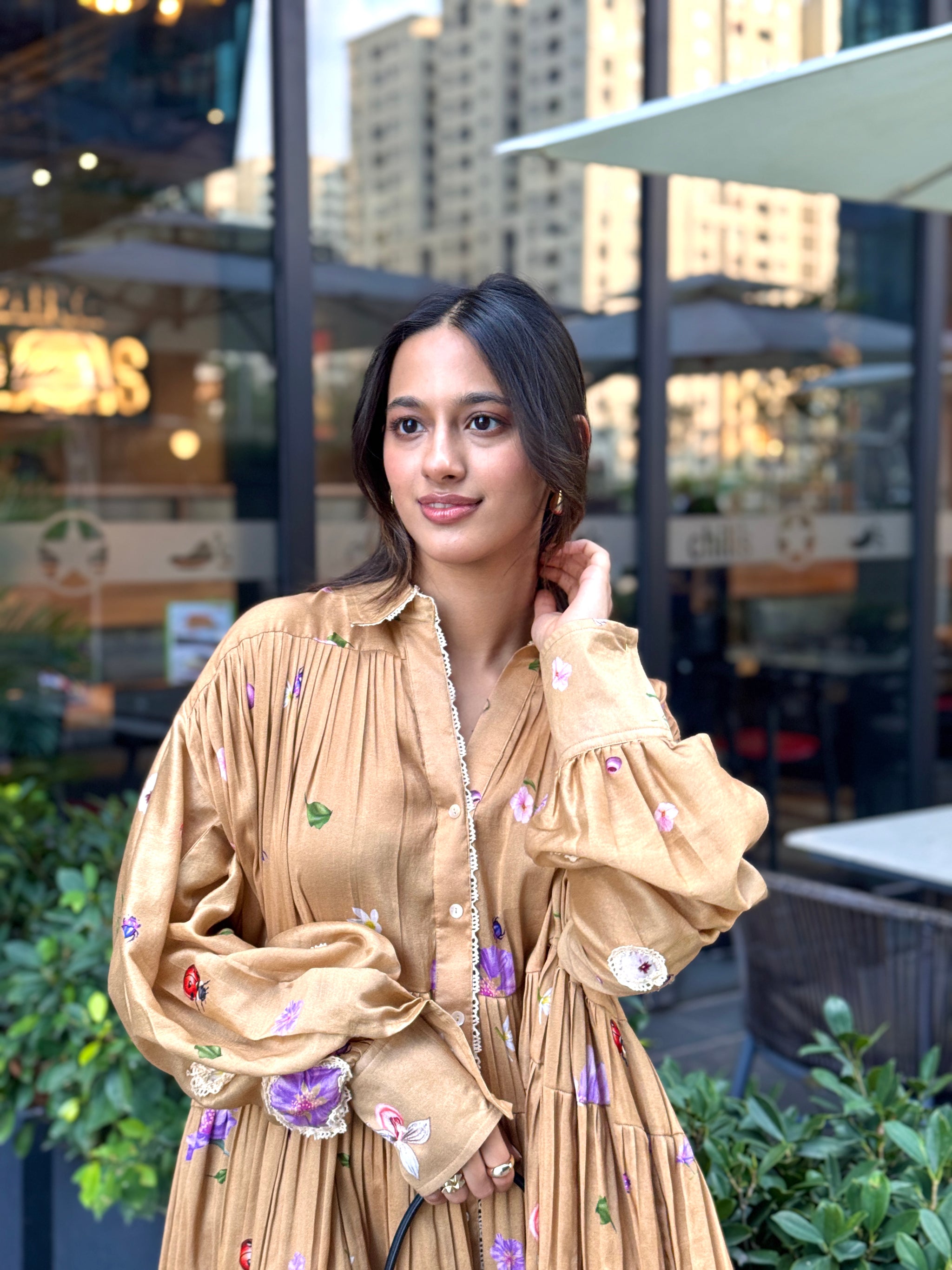 Deep Beige Pleated Mini Dress