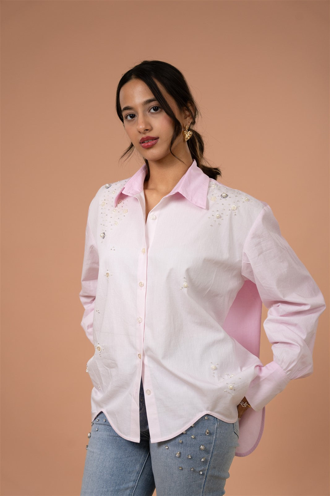 Blush Pearl Relaxed Embellished Shirt
