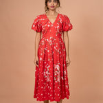 Crimson Bloom Puff Sleeve Midi Dress
