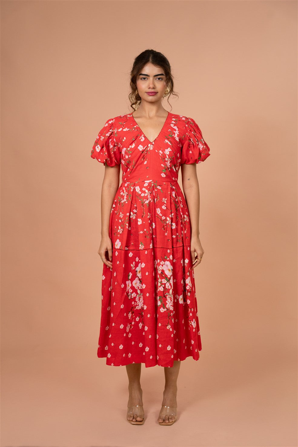 Crimson Bloom Puff Sleeve Midi Dress