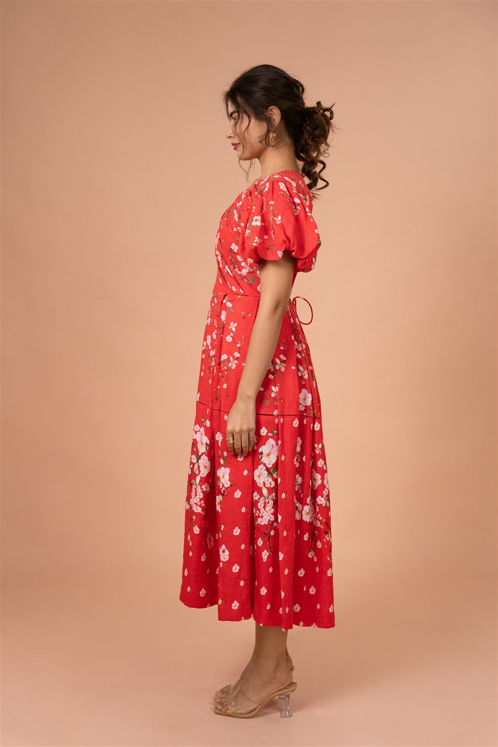 Crimson Bloom Puff Sleeve Midi Dress