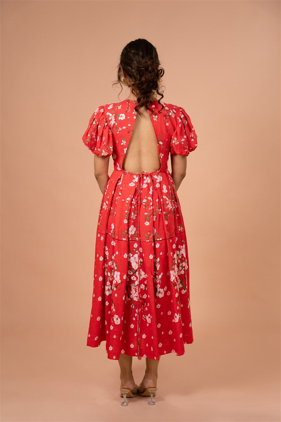 Crimson Bloom Puff Sleeve Midi Dress