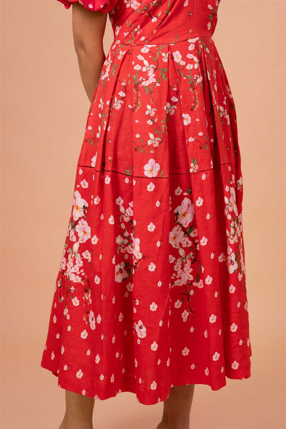 Crimson Bloom Puff Sleeve Midi Dress