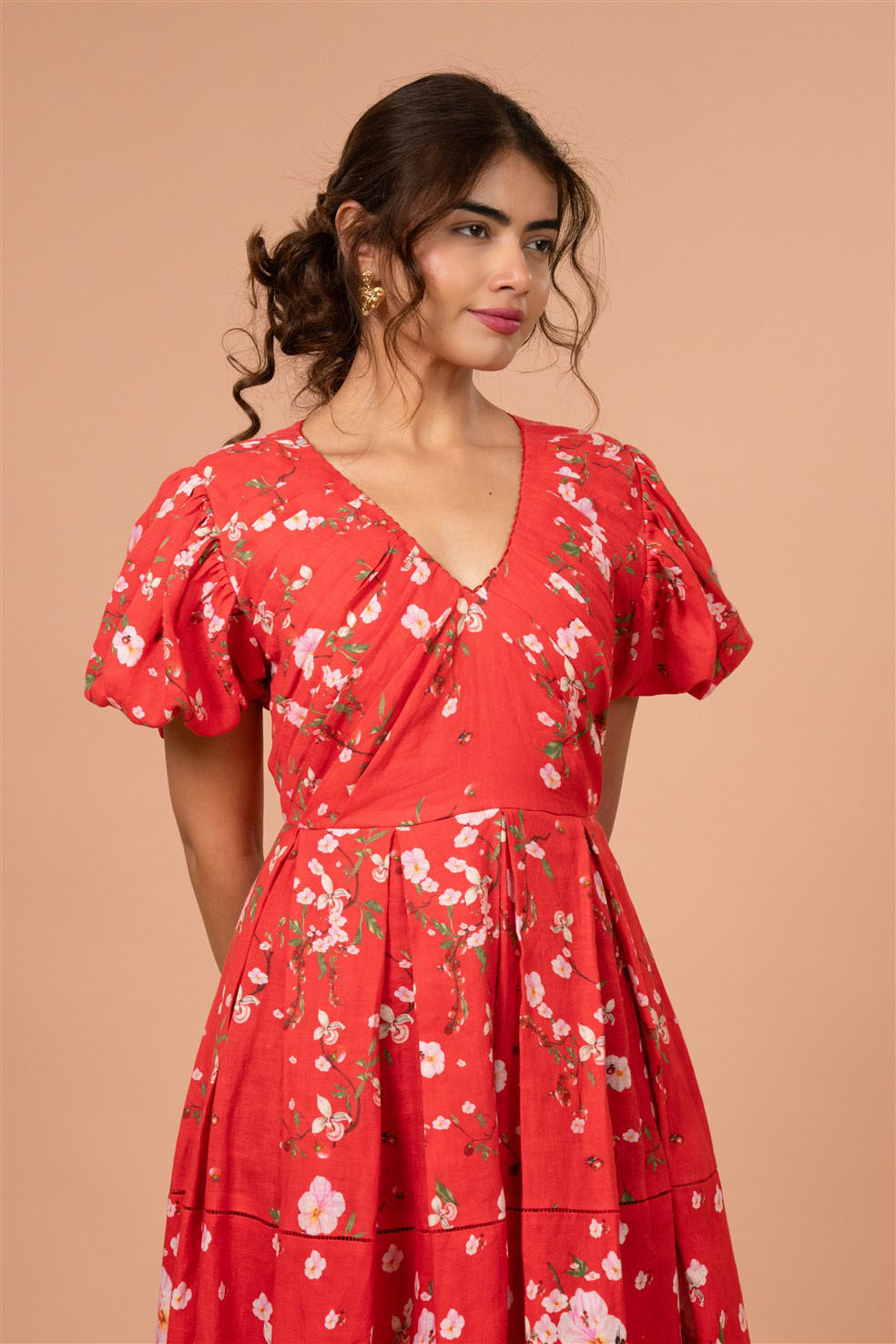 Crimson Bloom Puff Sleeve Midi Dress