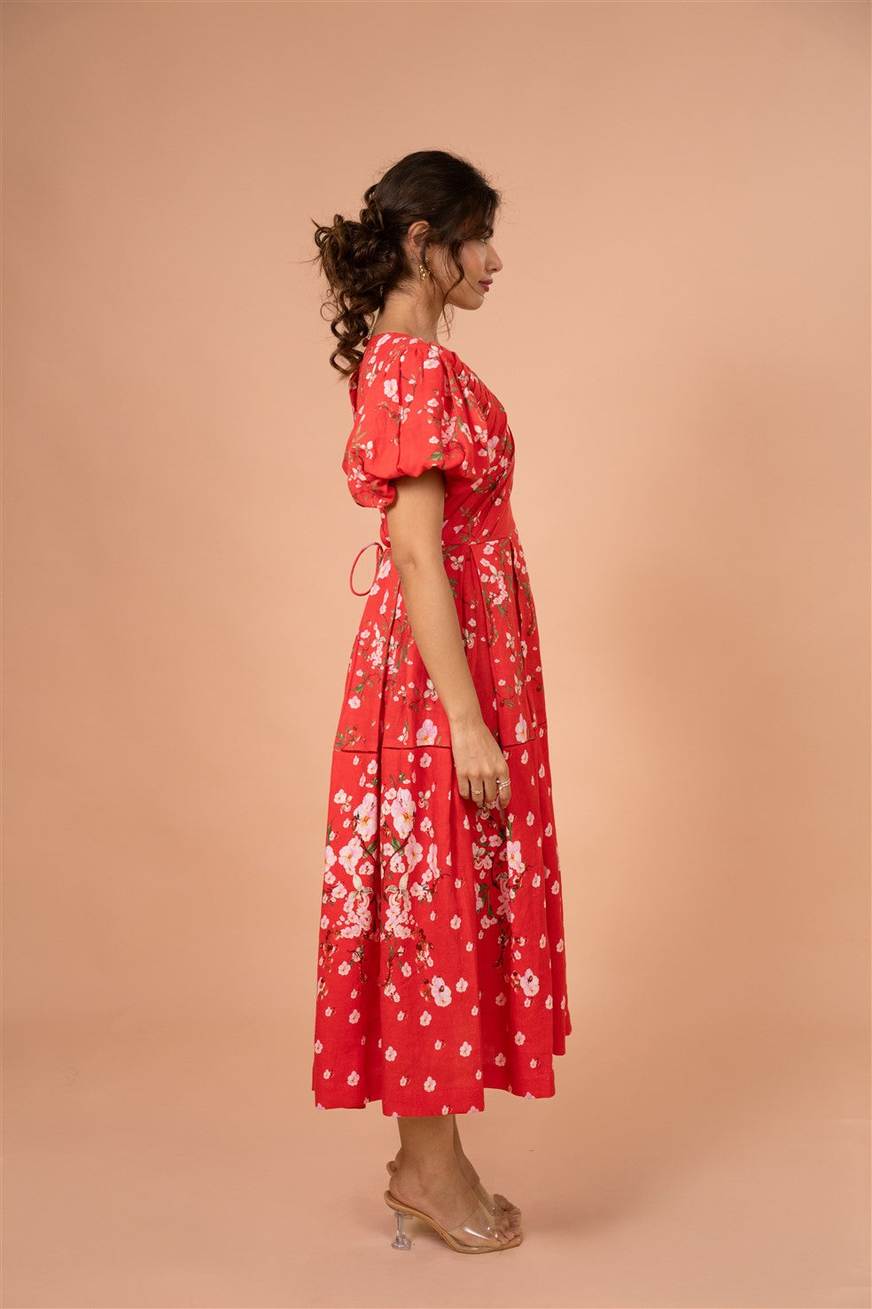 Crimson Bloom Puff Sleeve Midi Dress