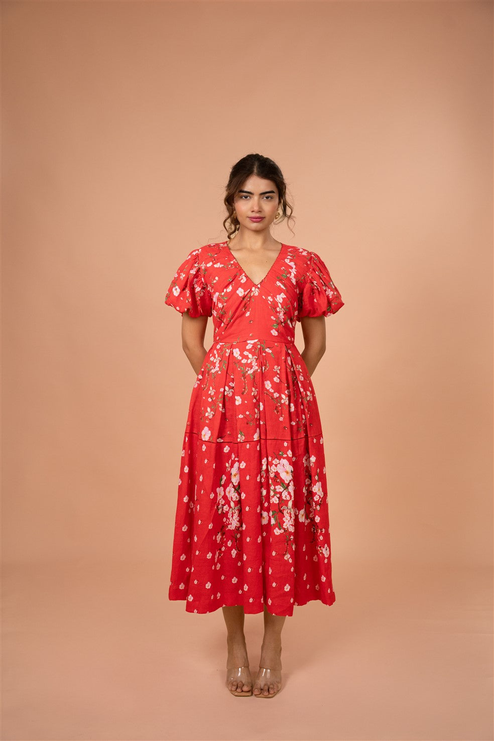 Crimson Bloom Puff Sleeve Midi Dress