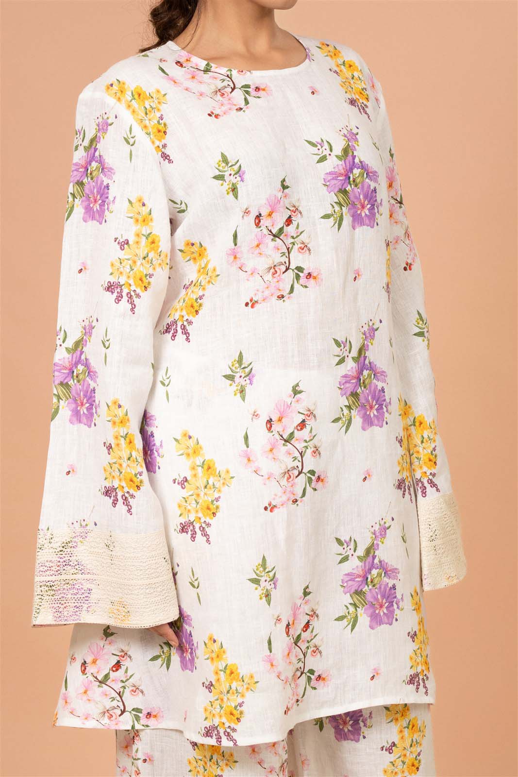 Ivory Floral Bell-Sleeve Kurta Set