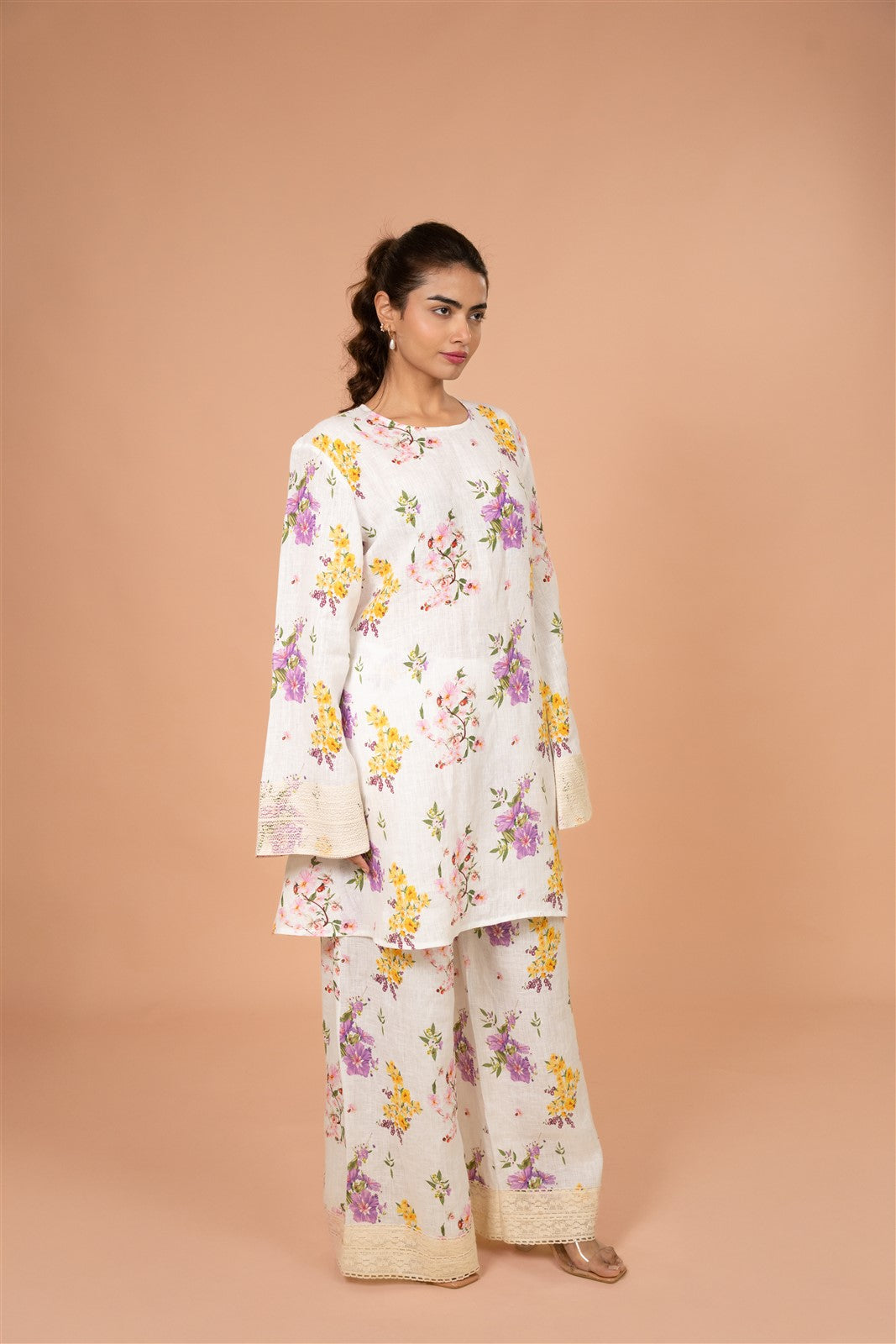 Ivory Floral Bell-Sleeve Kurta Set