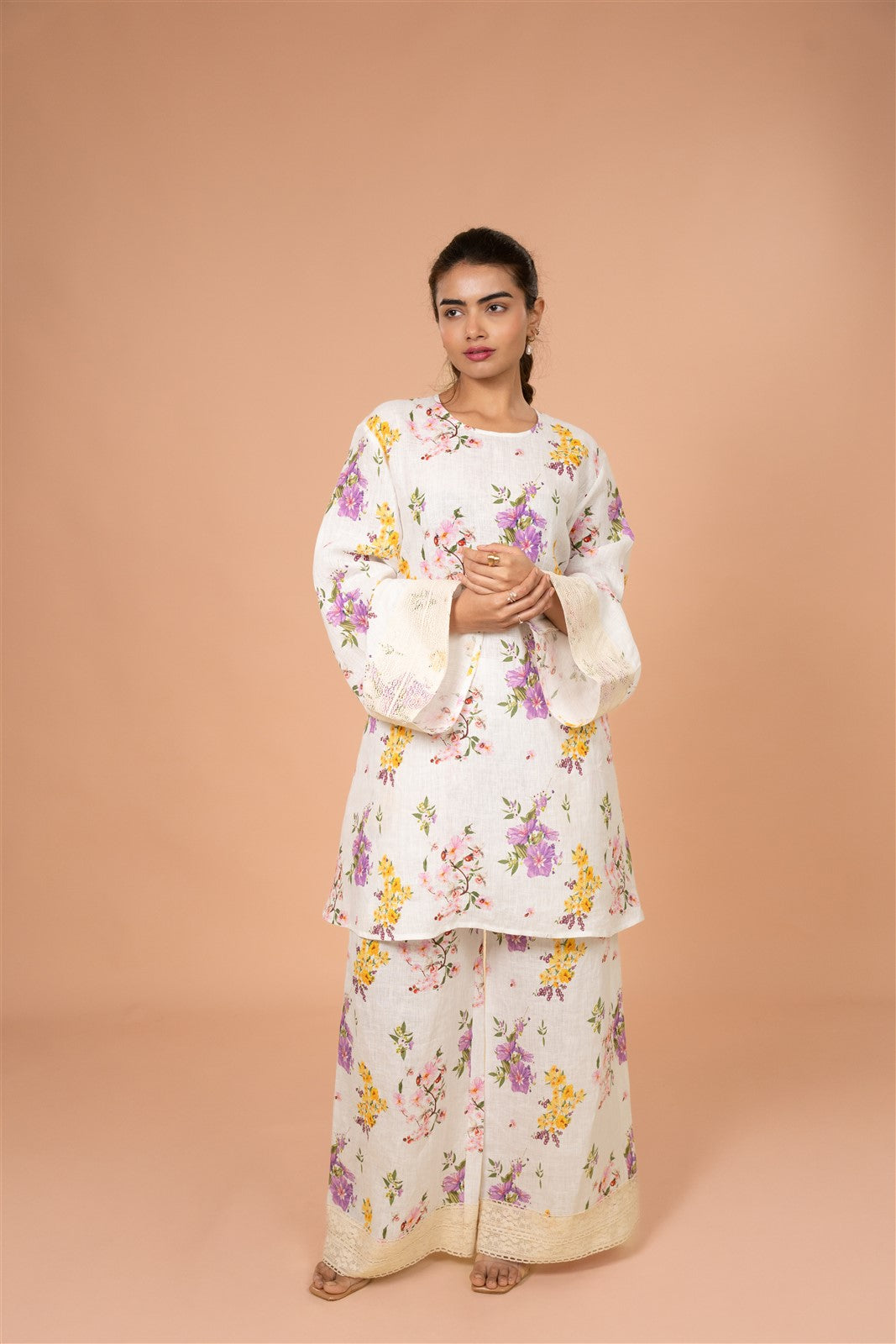 Ivory Floral Bell-Sleeve Kurta Set