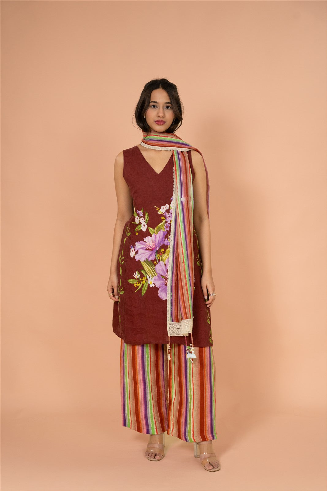 Deep Brown Floral Kurta Set with Dupatta