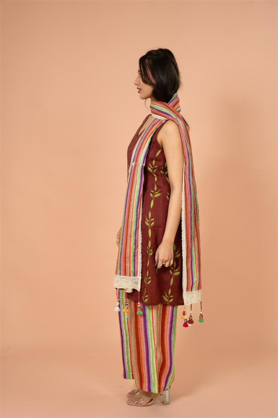 Deep Brown Floral Kurta Set with Dupatta