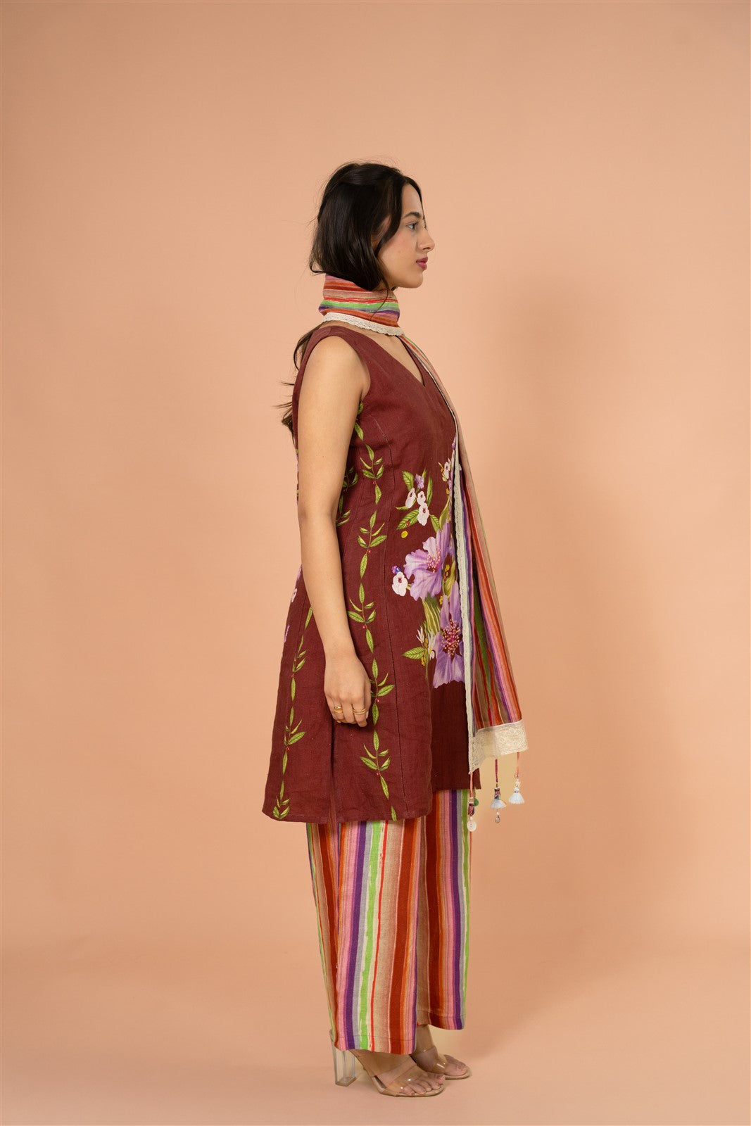 Deep Brown Floral Kurta Set with Dupatta
