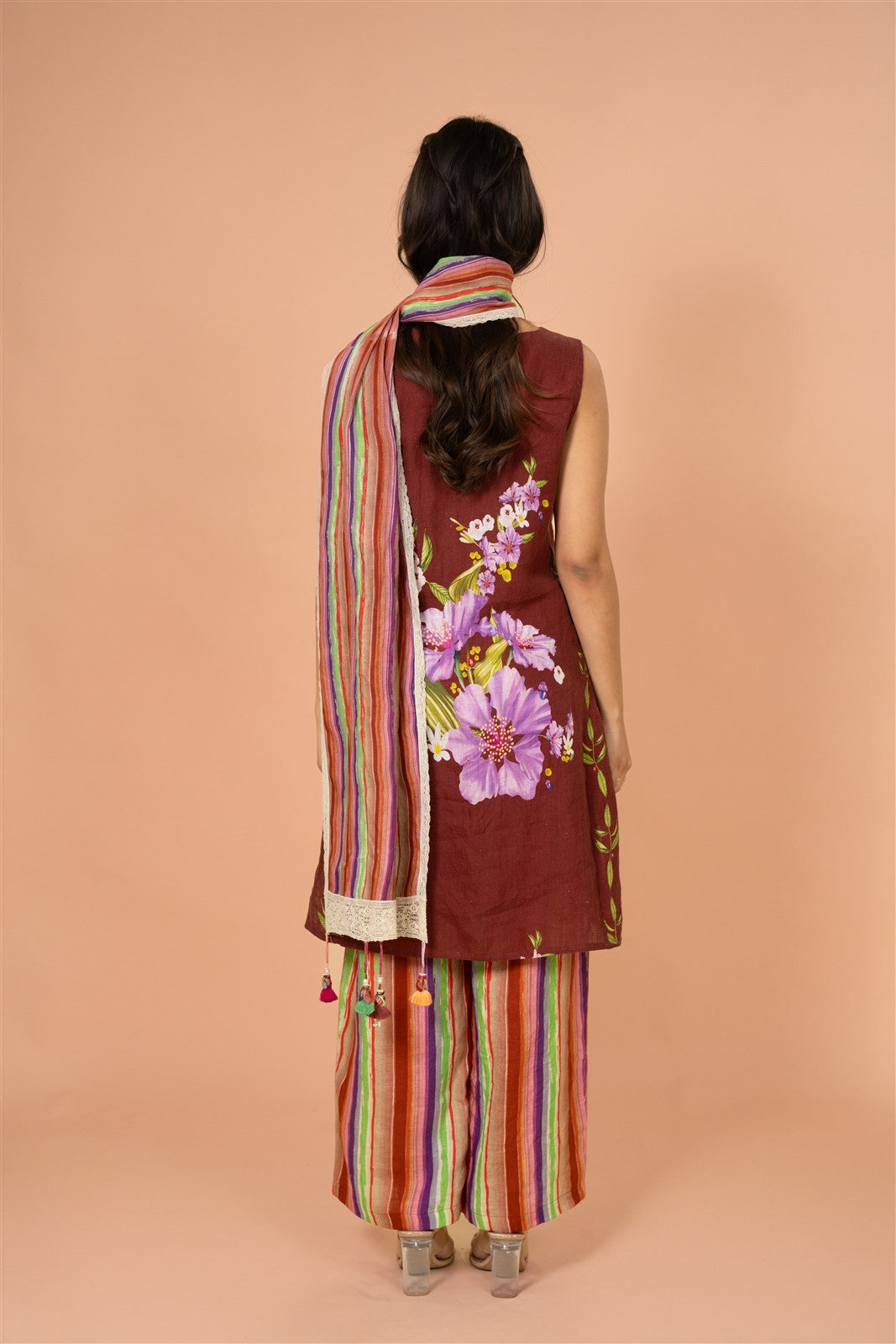 Deep Brown Floral Kurta Set with Dupatta