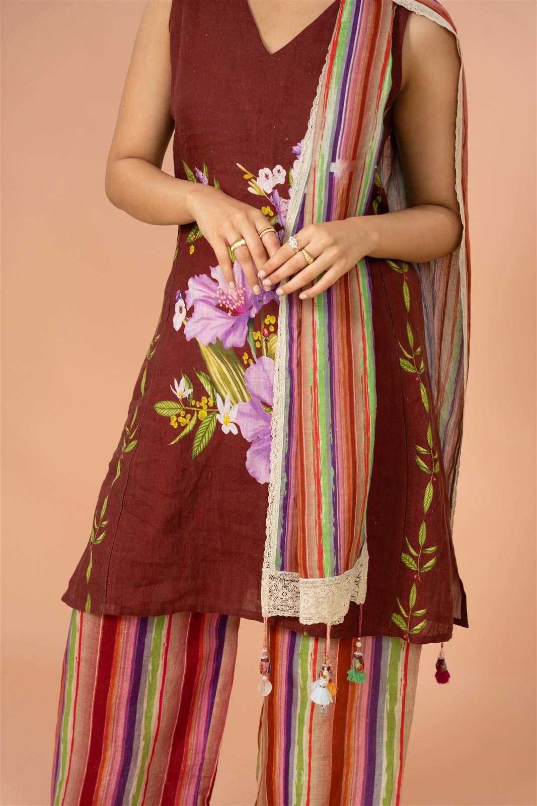 Deep Brown Floral Kurta Set with Dupatta