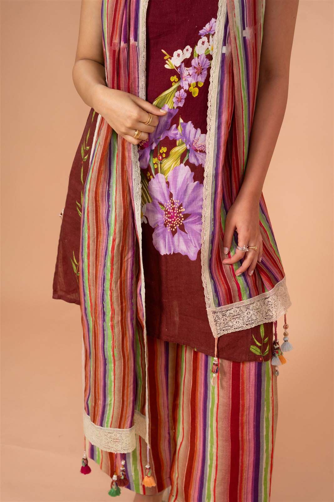 Deep Brown Floral Kurta Set with Dupatta