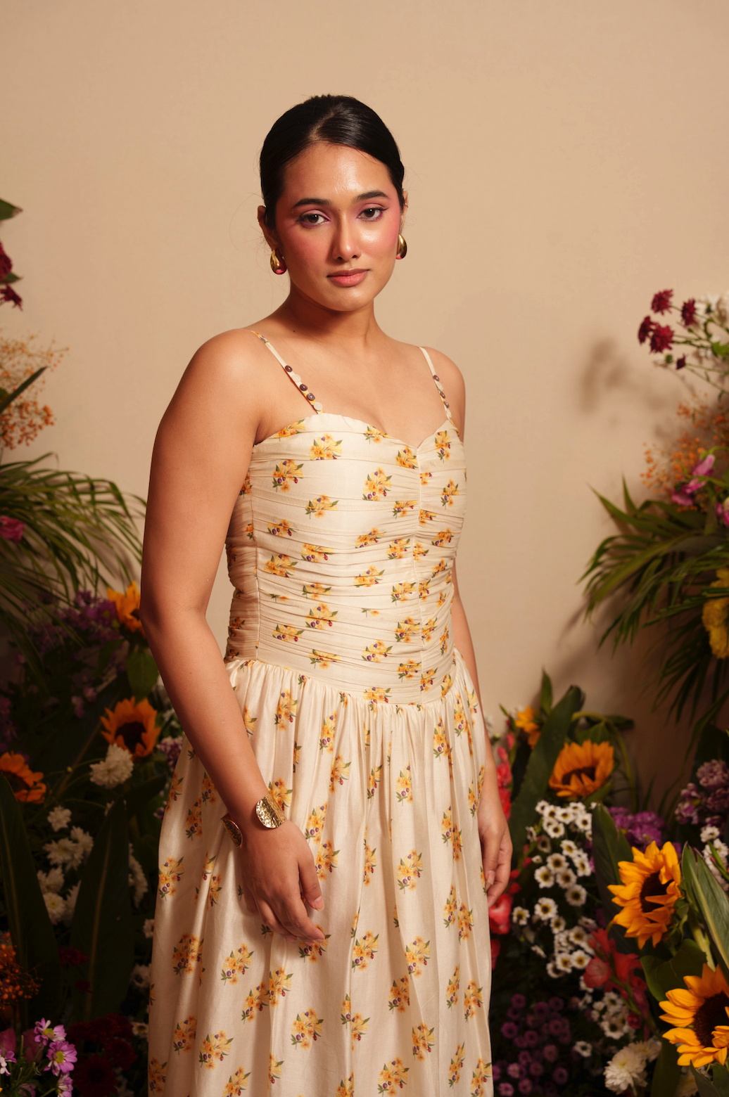 Beige Rushed Flower Midi Dress