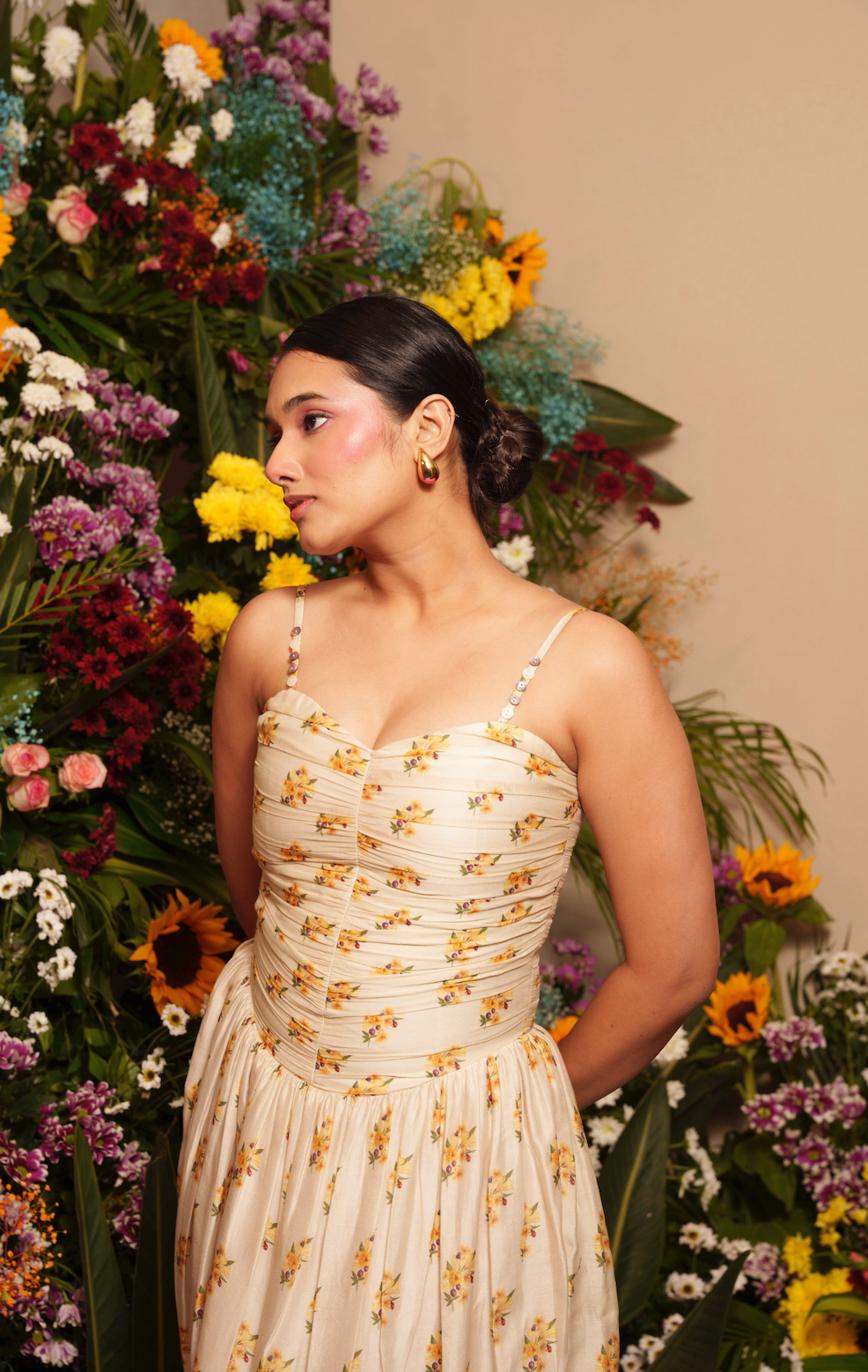 Beige Rushed Flower Midi Dress